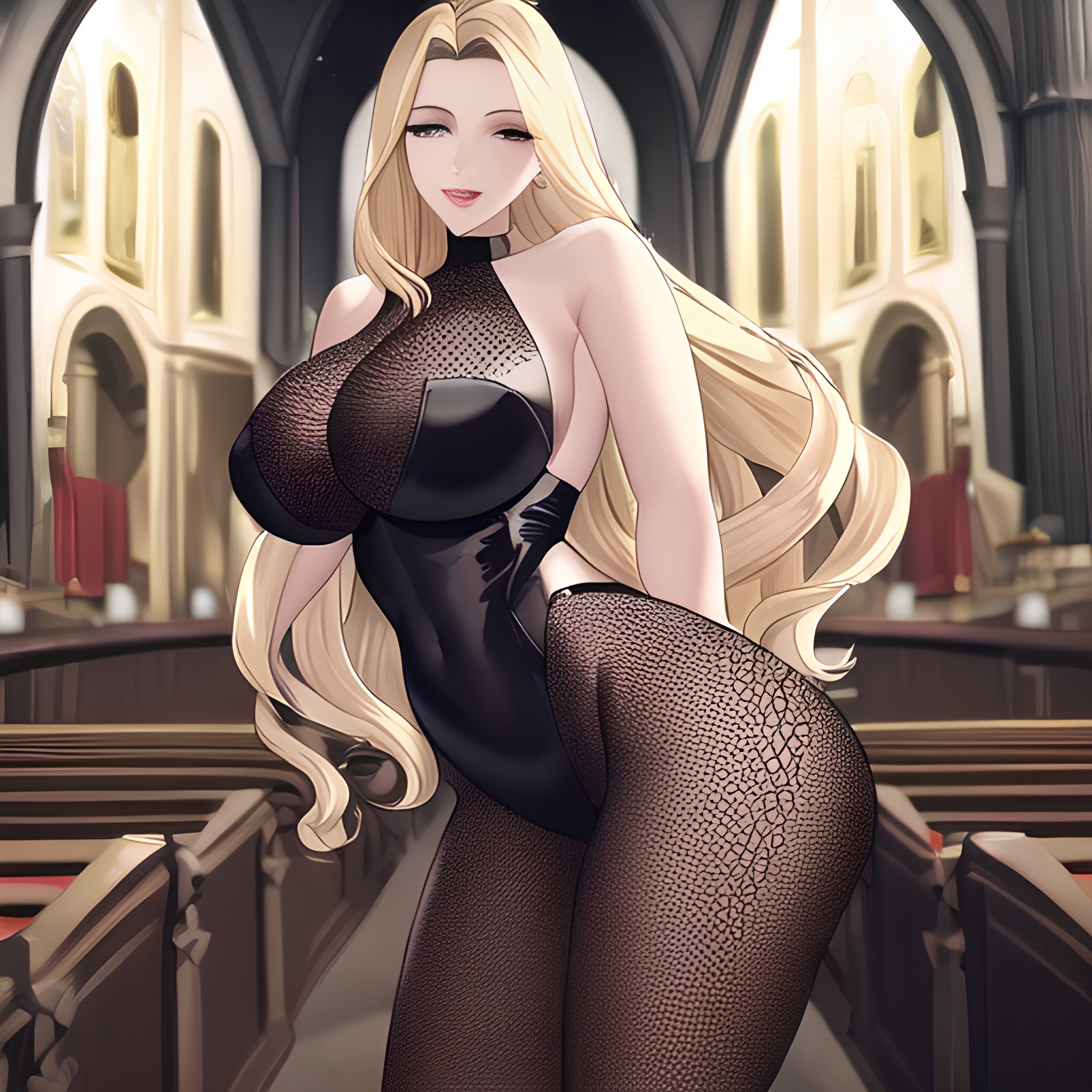 small boobs woman front view blonde fishnet church long hair nude 