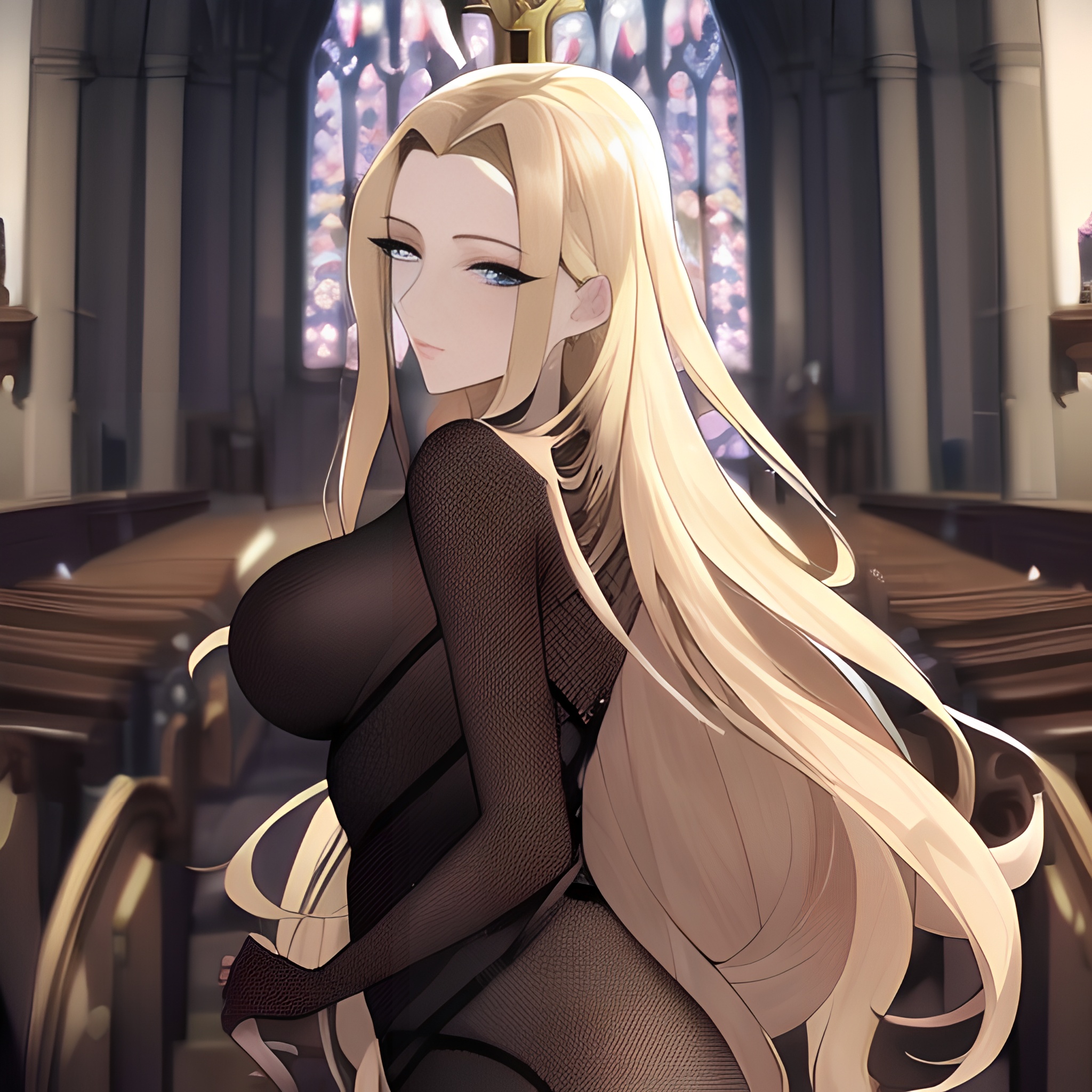small boobs woman nude fishnet long hair blonde church front view 