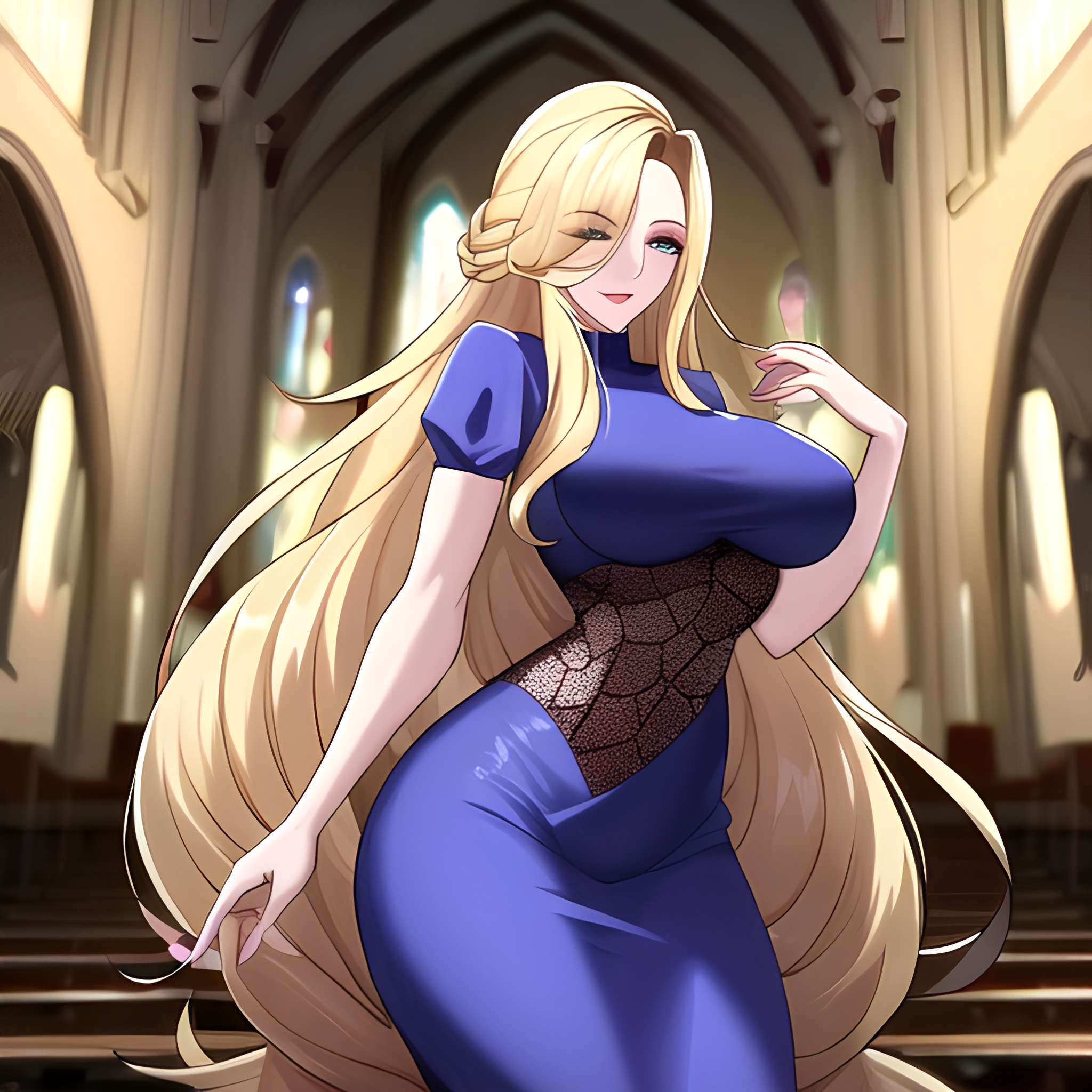 woman blonde church fishnet long hair 