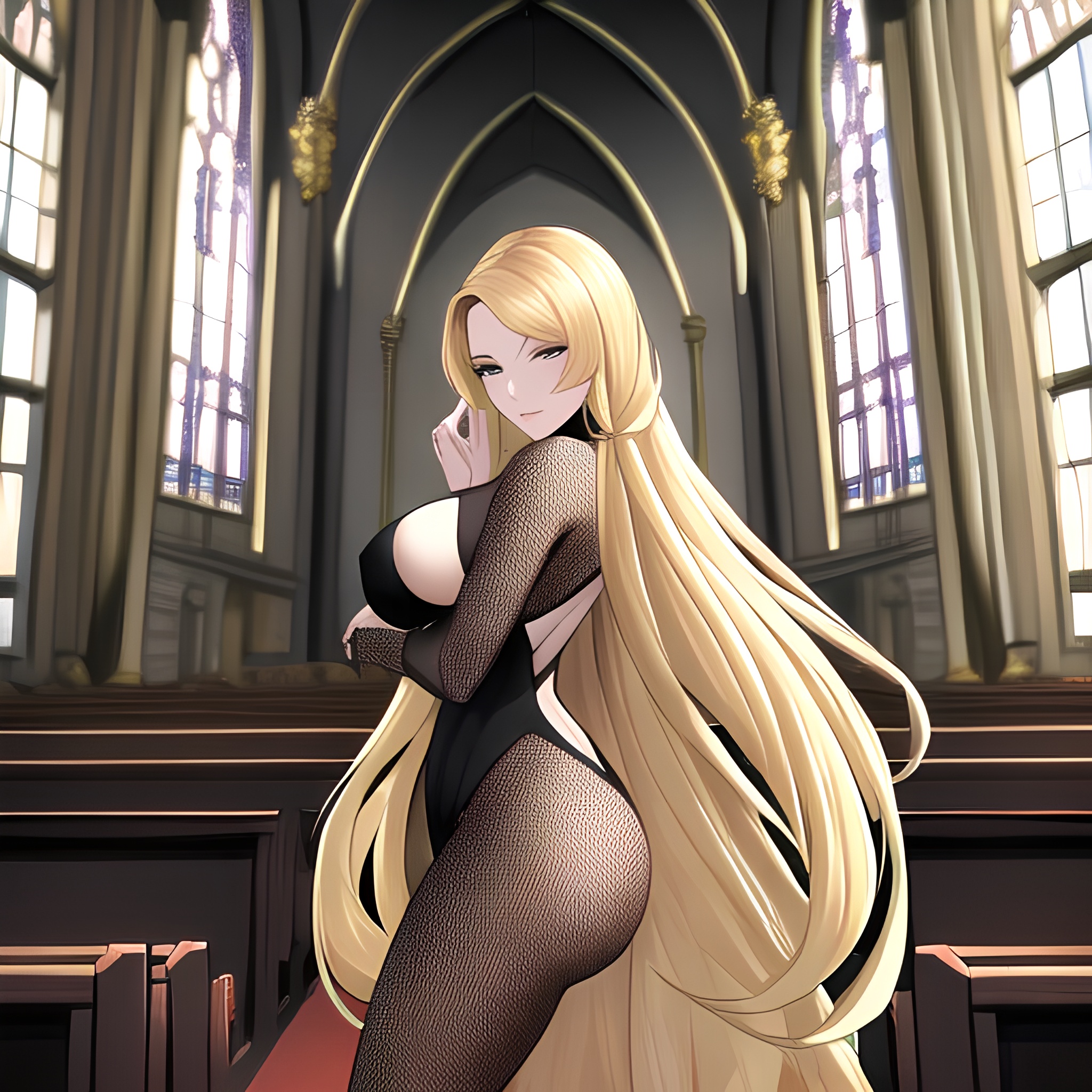 woman blonde church fishnet long hair 