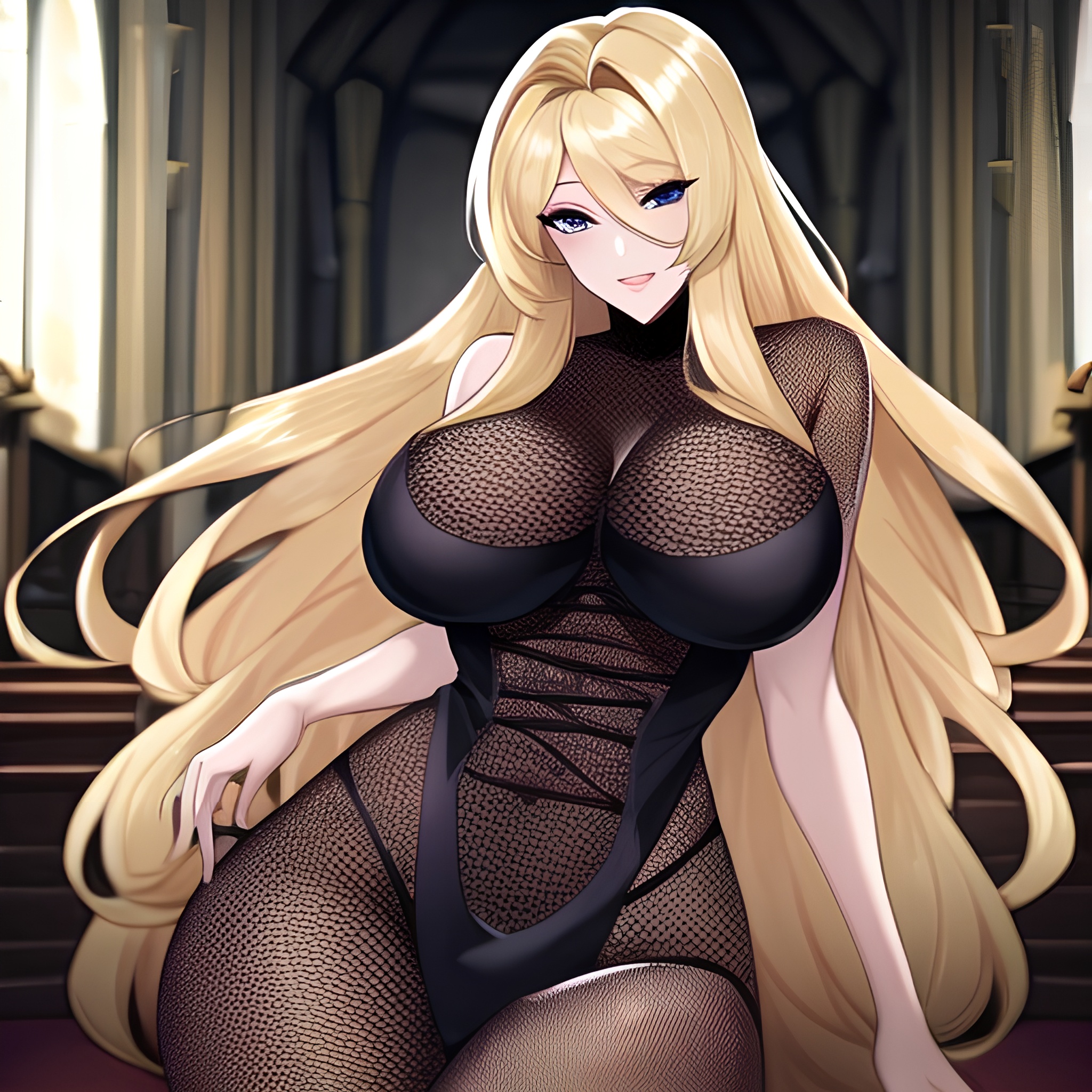 woman blonde church fishnet long hair 