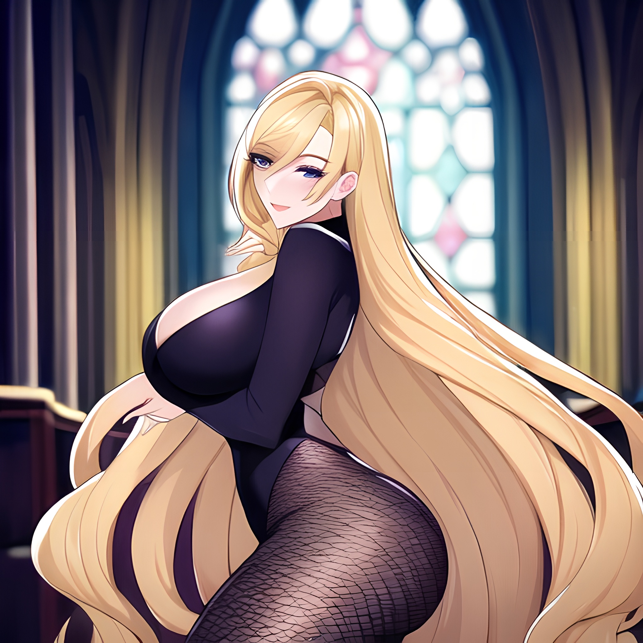 woman blonde church fishnet long hair 
