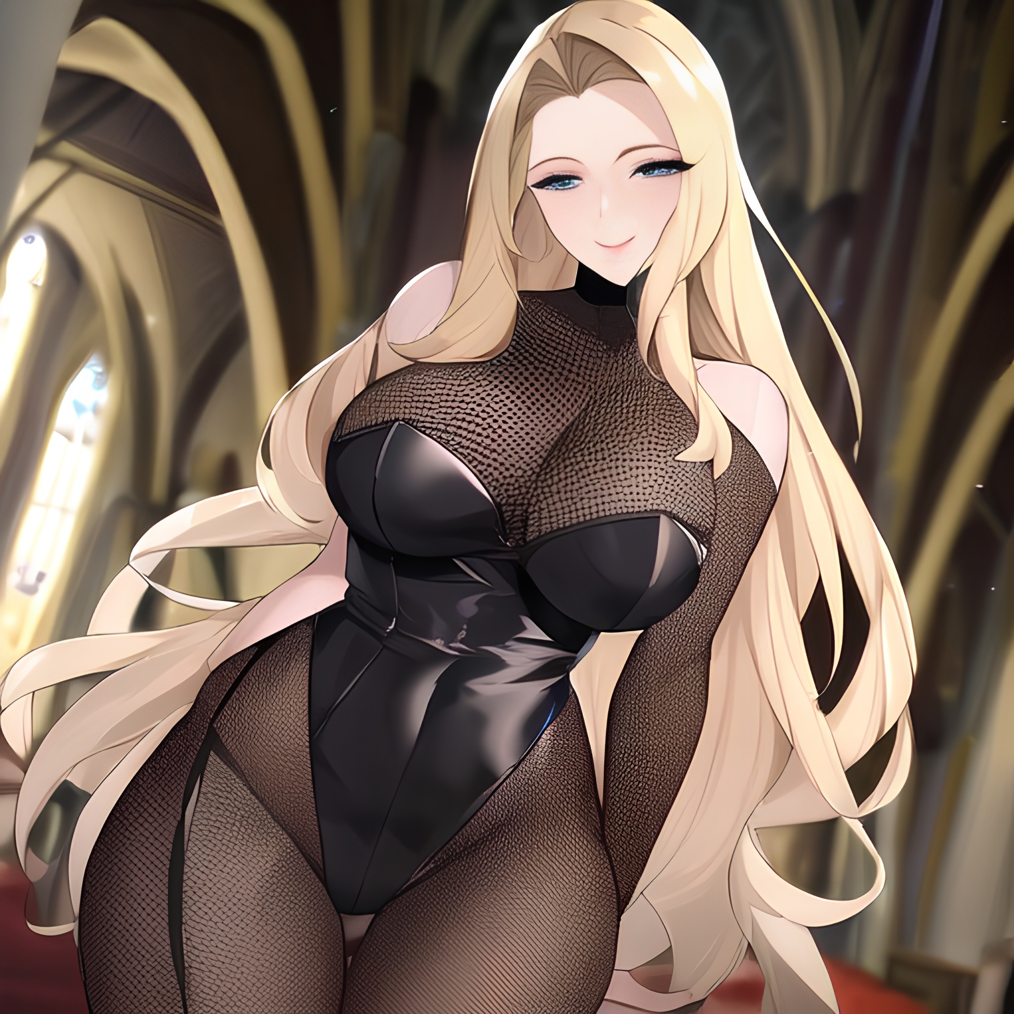 woman blonde church fishnet nude long hair small boobs front view 