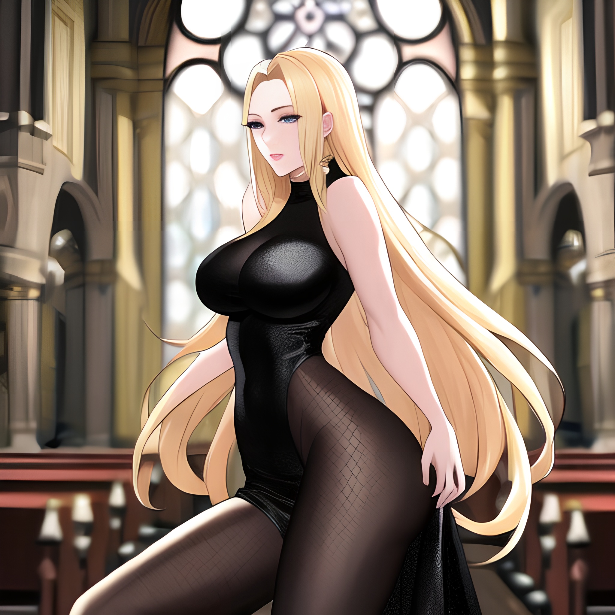 woman blonde church long hair fishnet