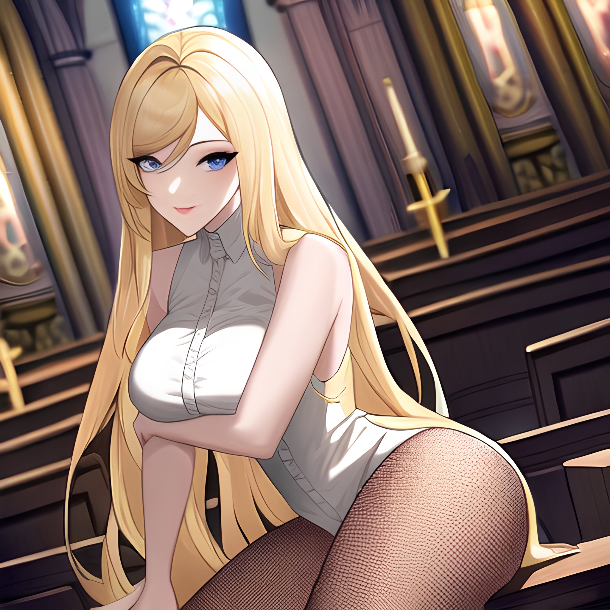 woman blonde church long hair fishnet 