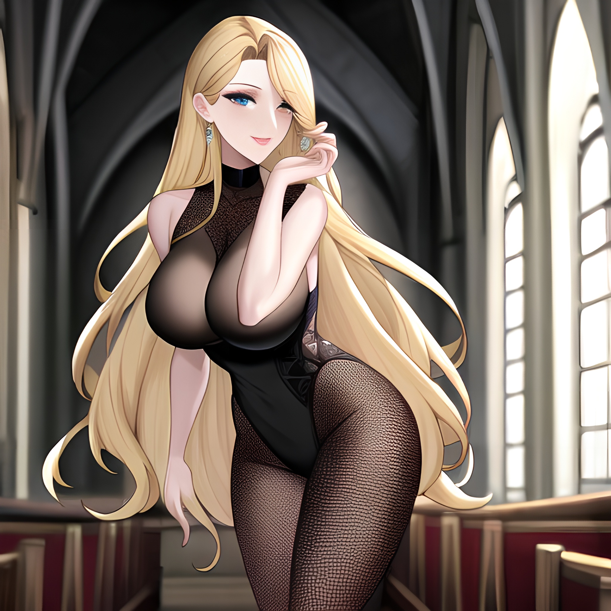 woman blonde church long hair fishnet 