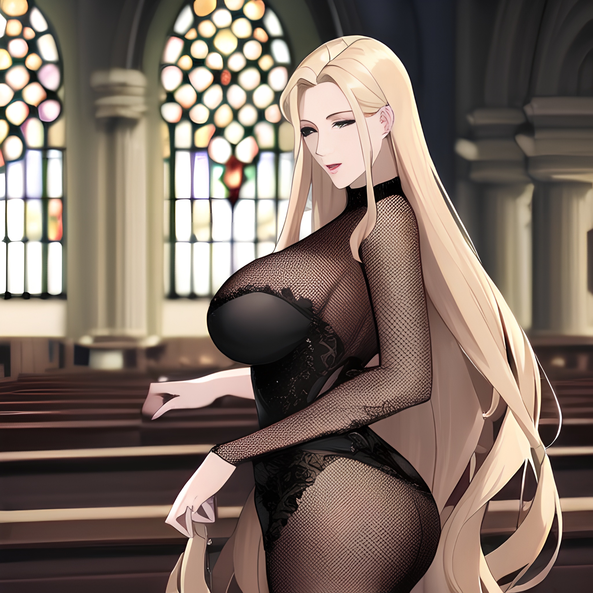 woman blonde church nude small boobs fishnet long hair front view 