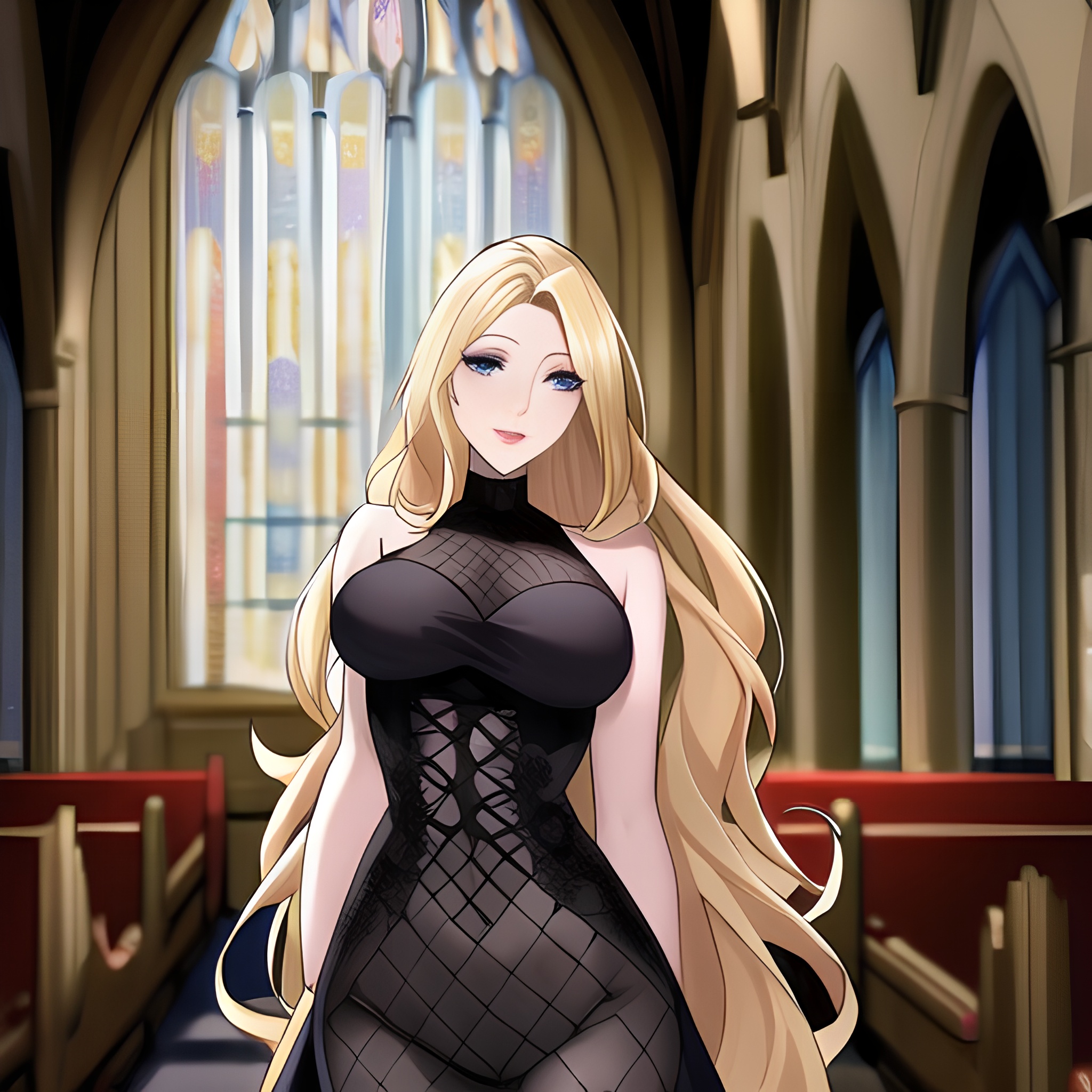 woman blonde fishnet church long hair