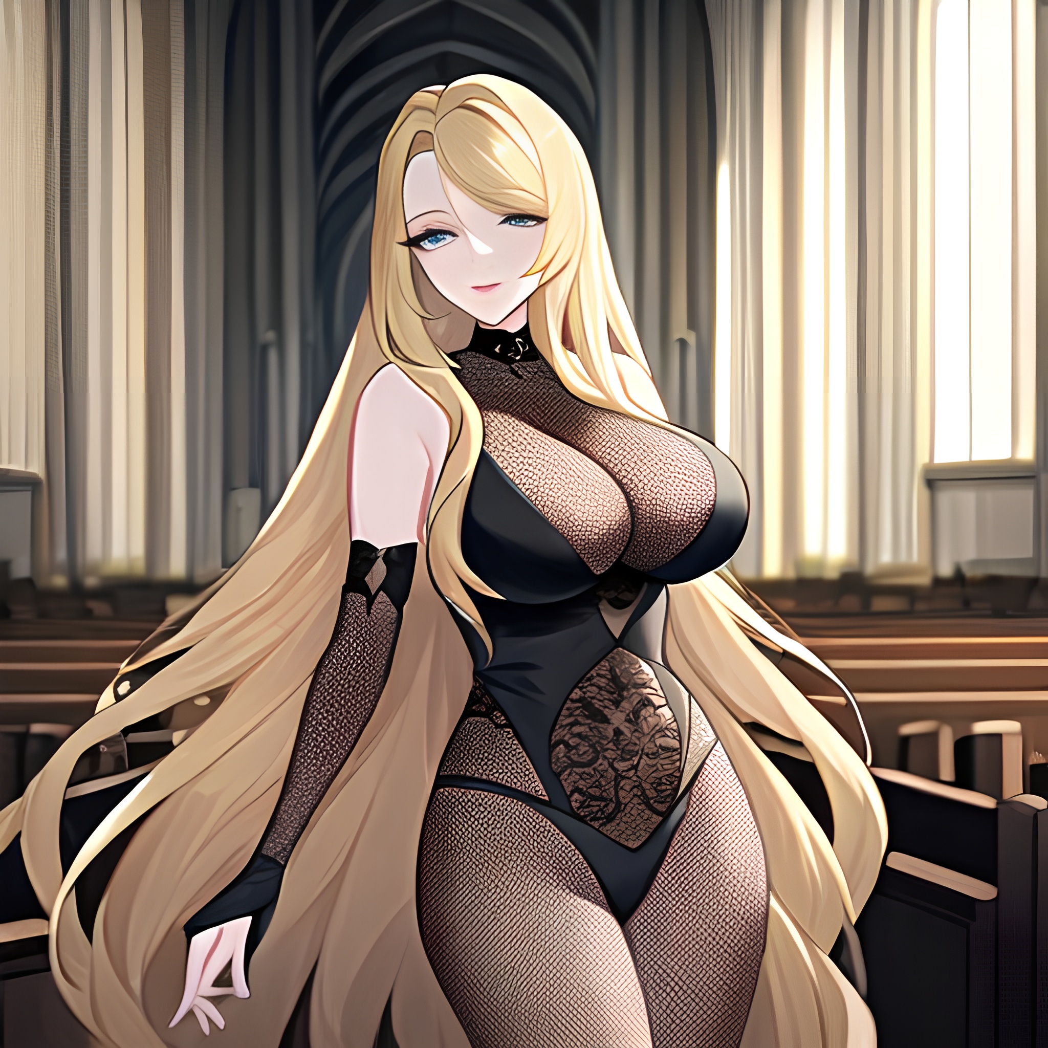 woman blonde fishnet church long hair 