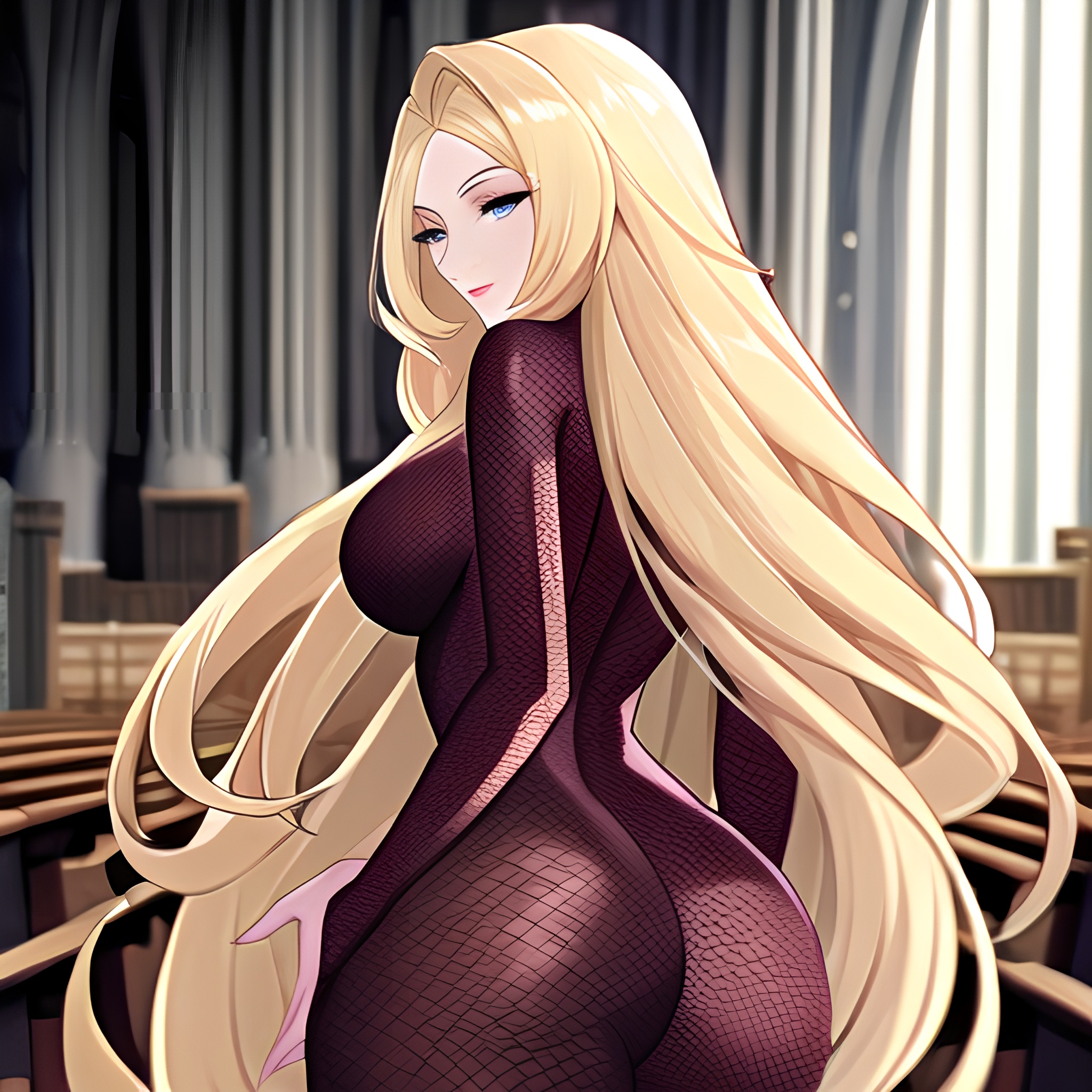 woman blonde fishnet church long hair 