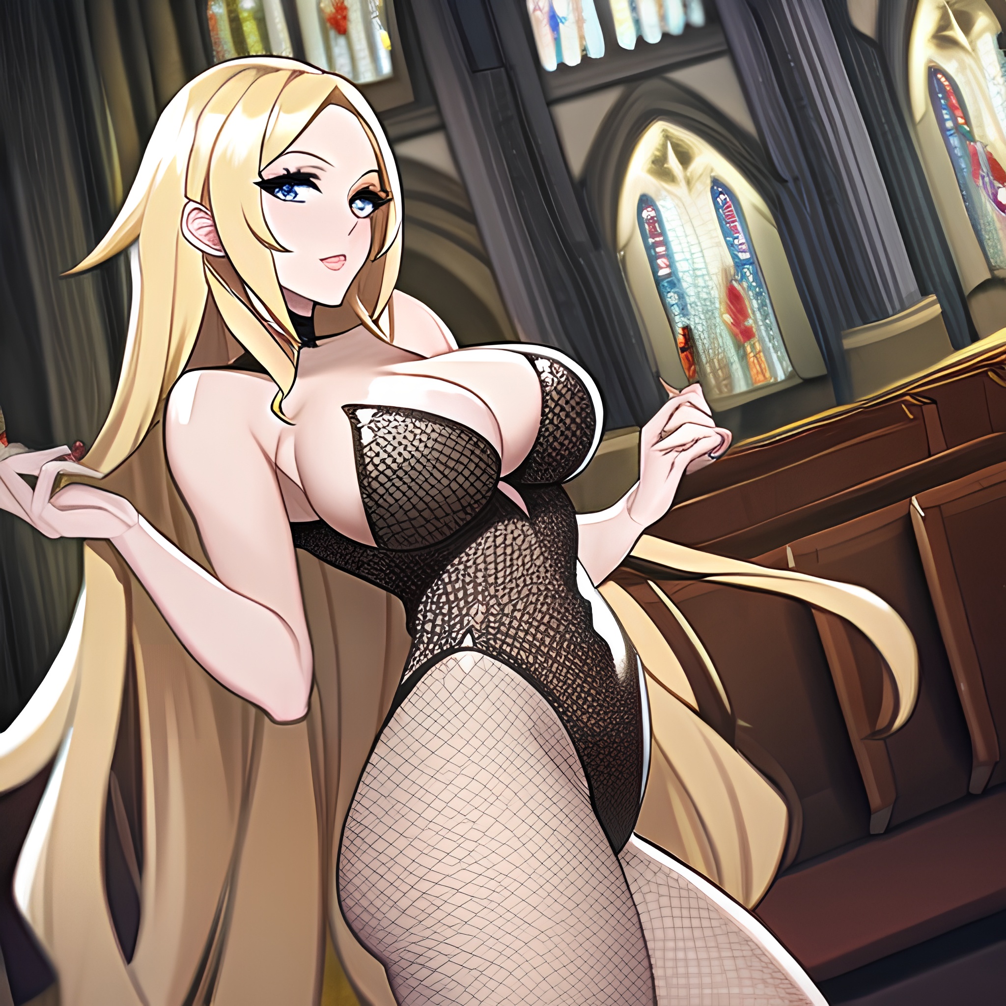 woman blonde fishnet church long hair 