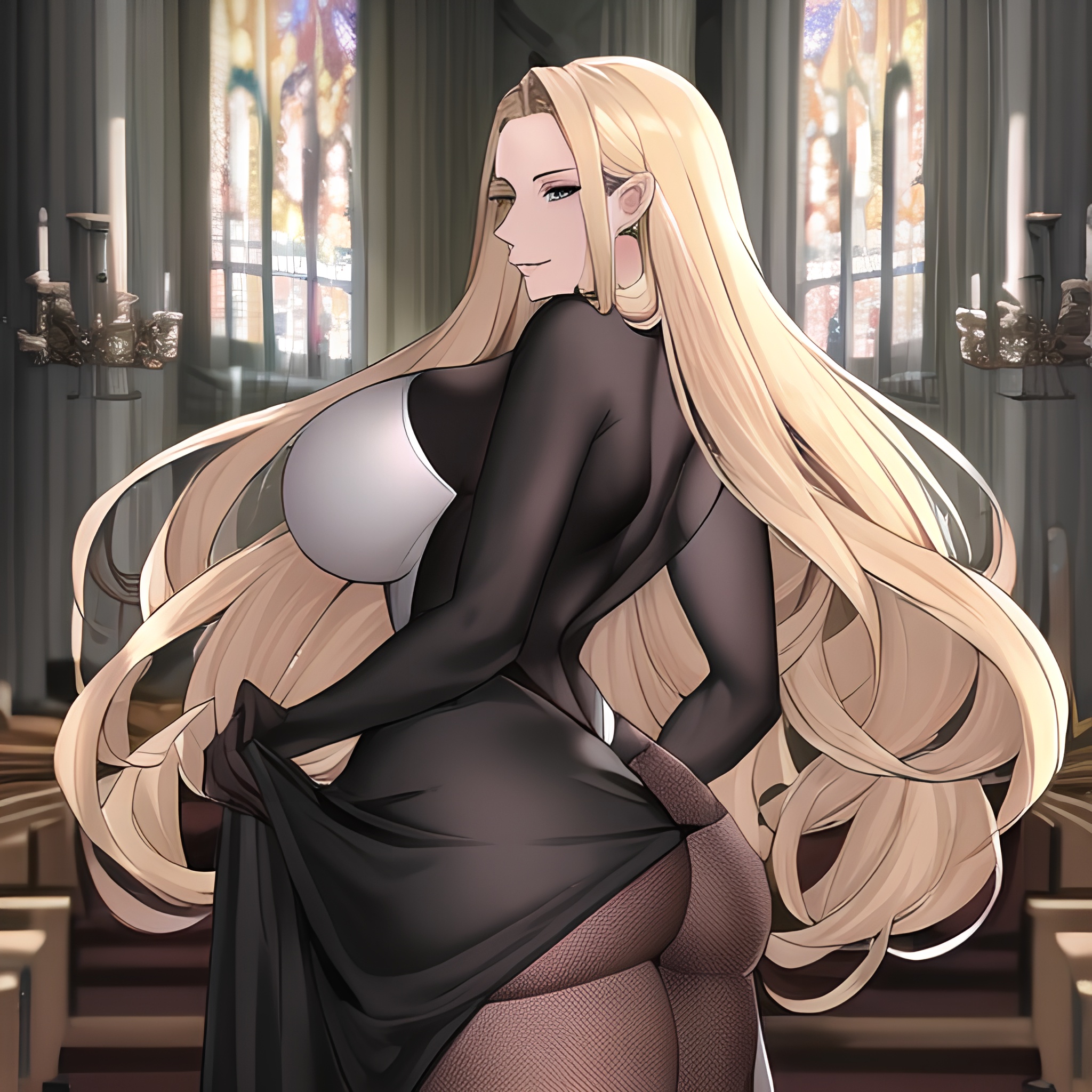 woman blonde fishnet front view nude church small boobs long hair 