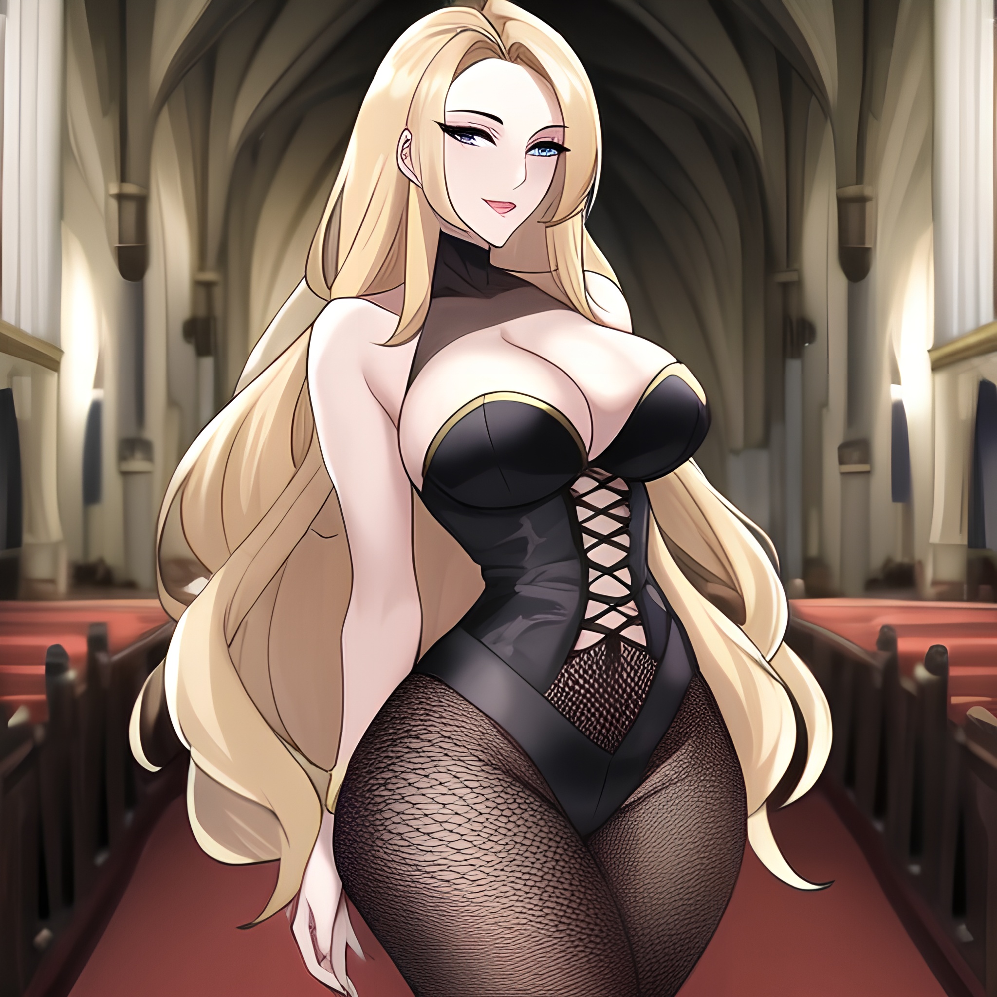 woman blonde fishnet long hair church 