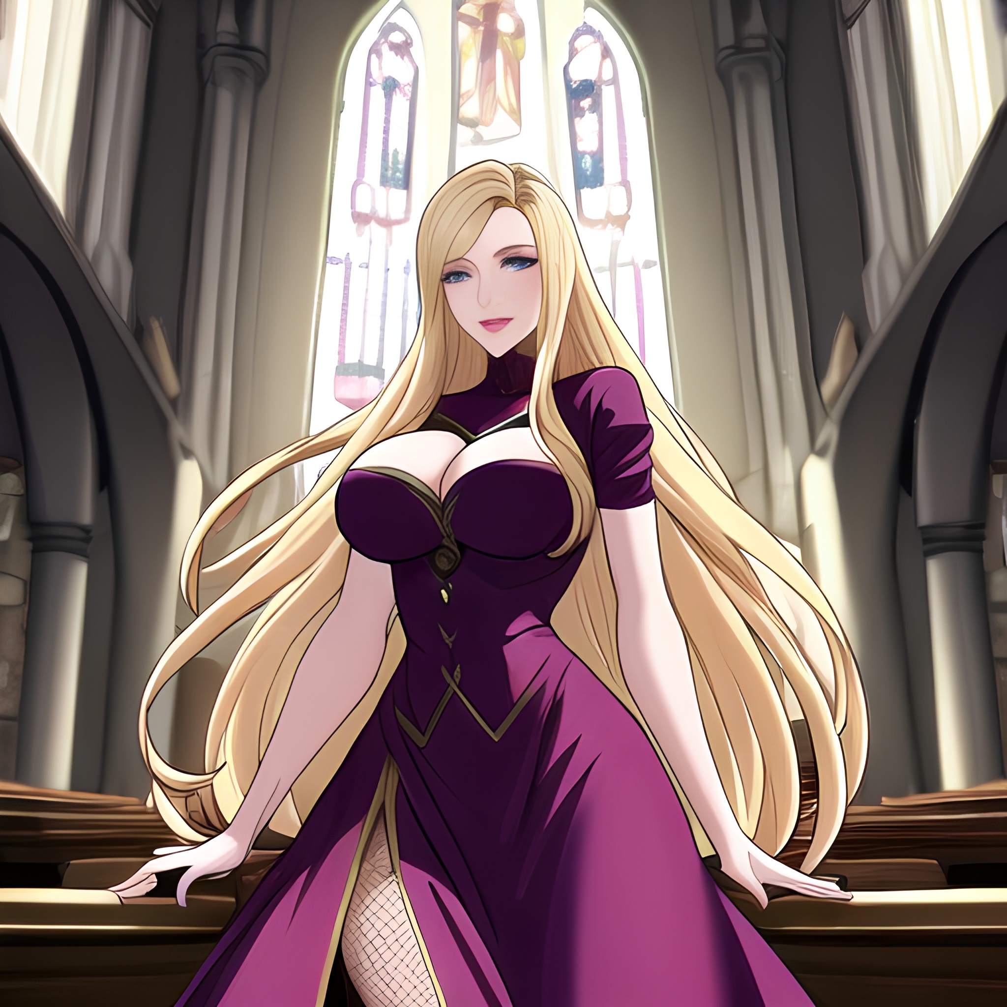 woman blonde fishnet long hair church 