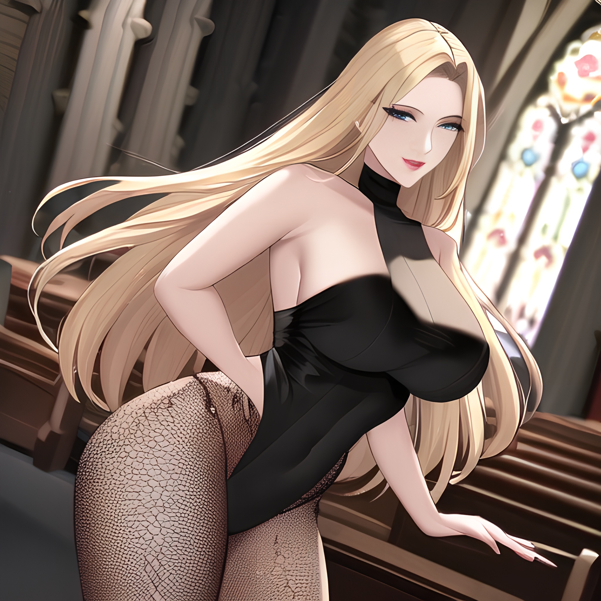 woman blonde fishnet nude long hair church front view small boobs 