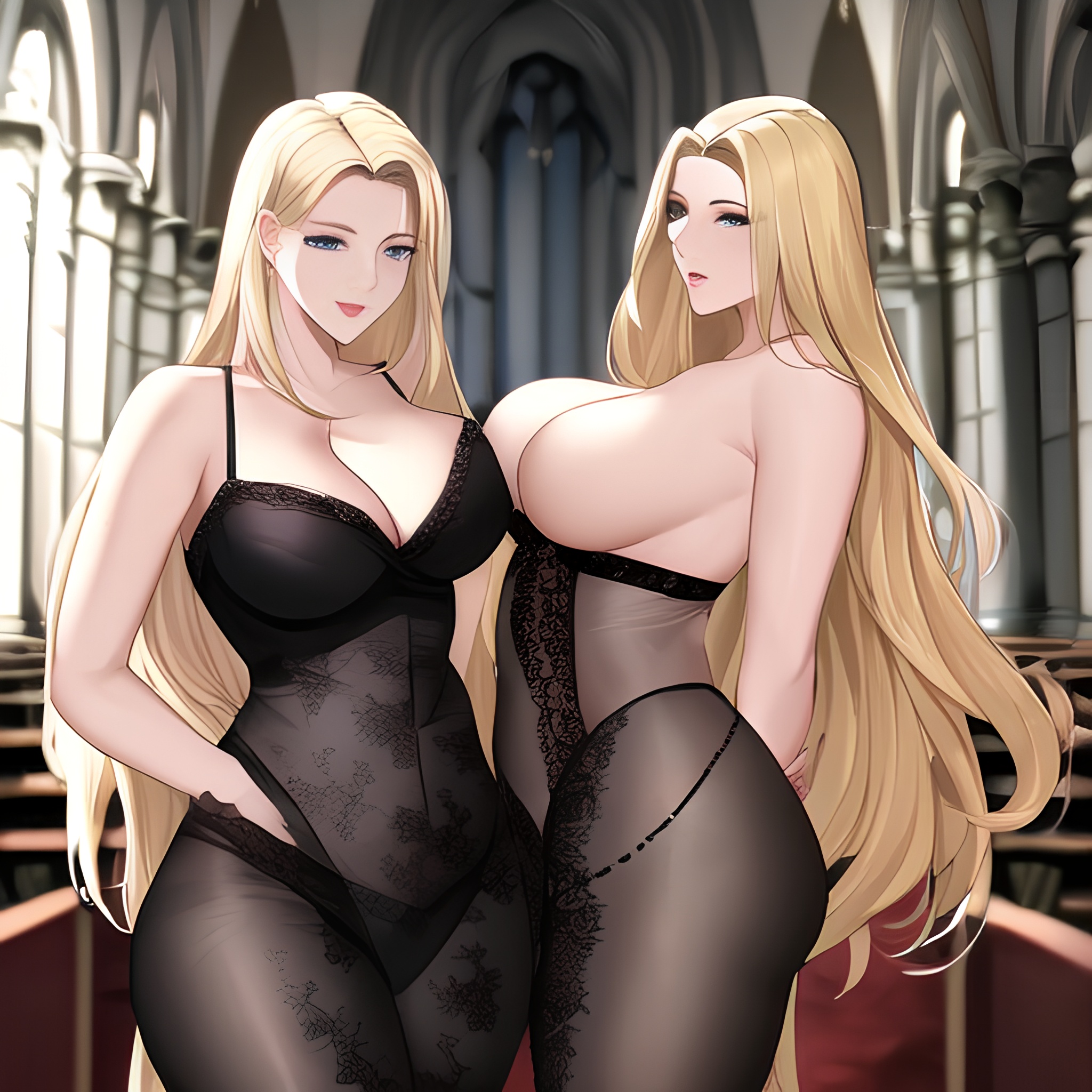 woman blonde front view fishnet nude long hair church small boobs 