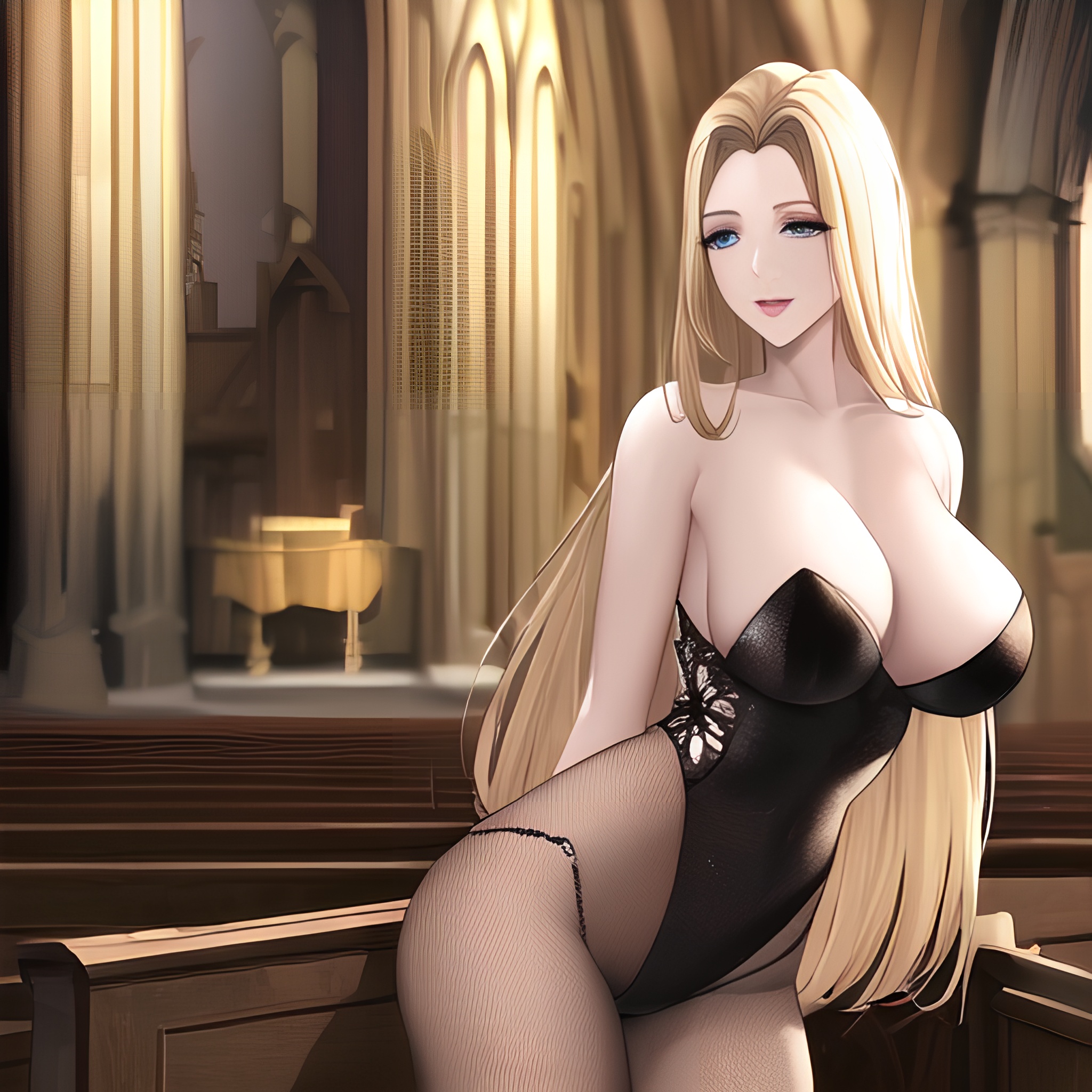 woman blonde front view fishnet nude long hair small boobs church 