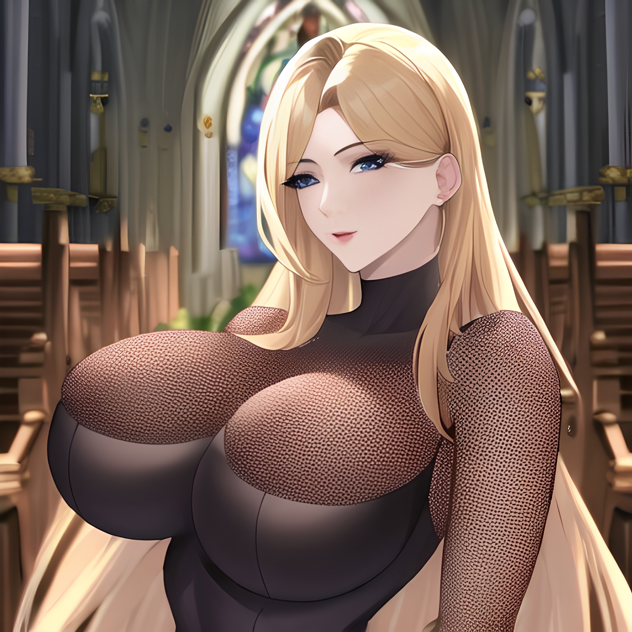 woman blonde front view nude small boobs fishnet church long hair 