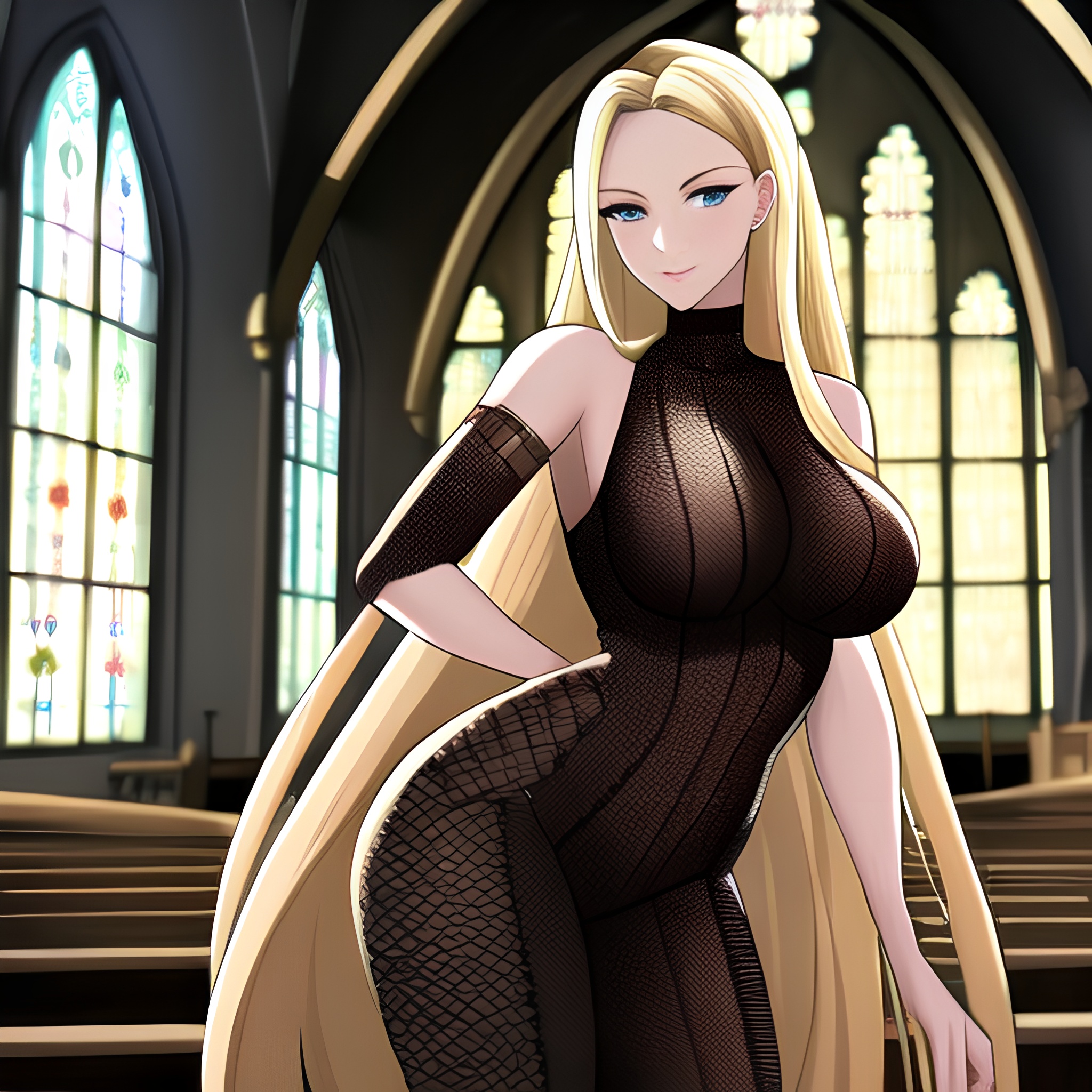 woman blonde long hair church fishnet 