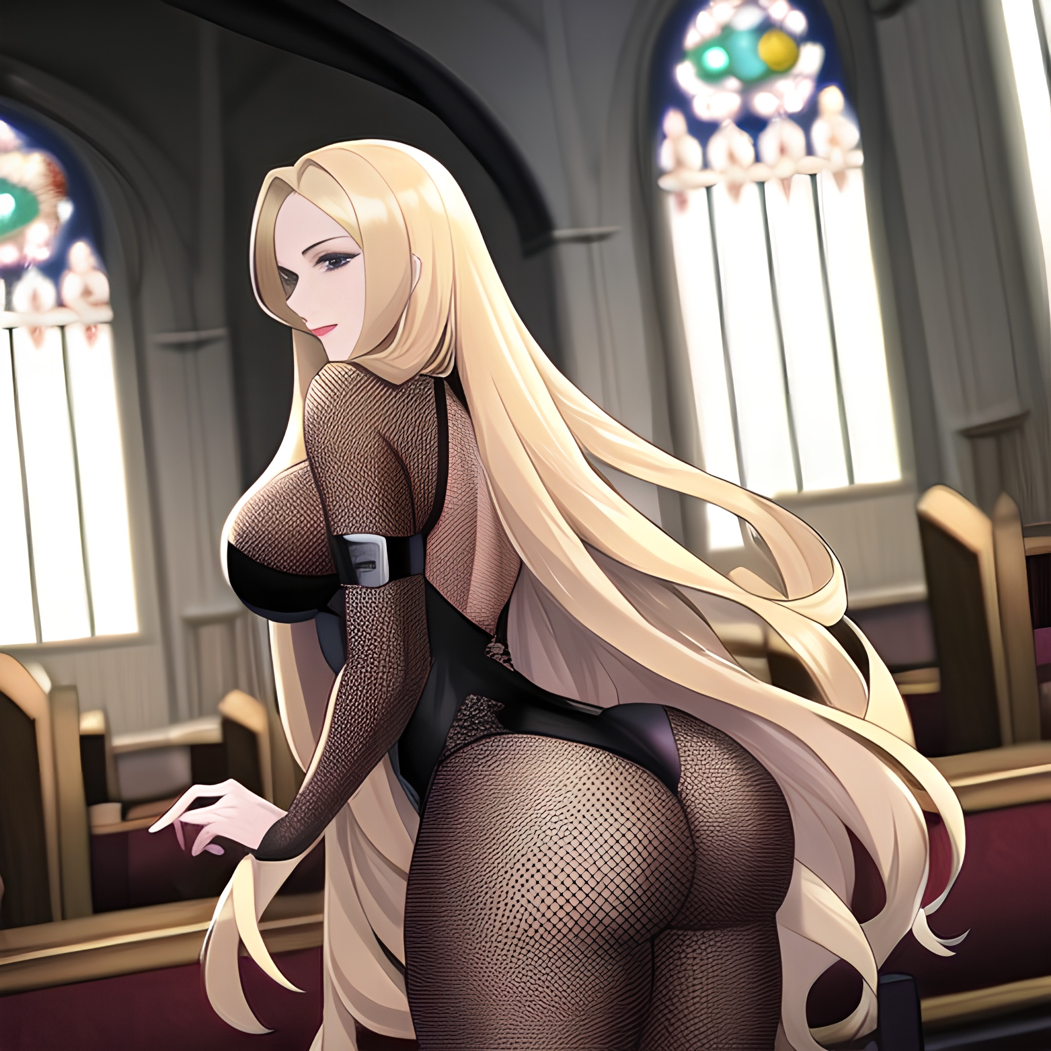 woman blonde long hair church fishnet 