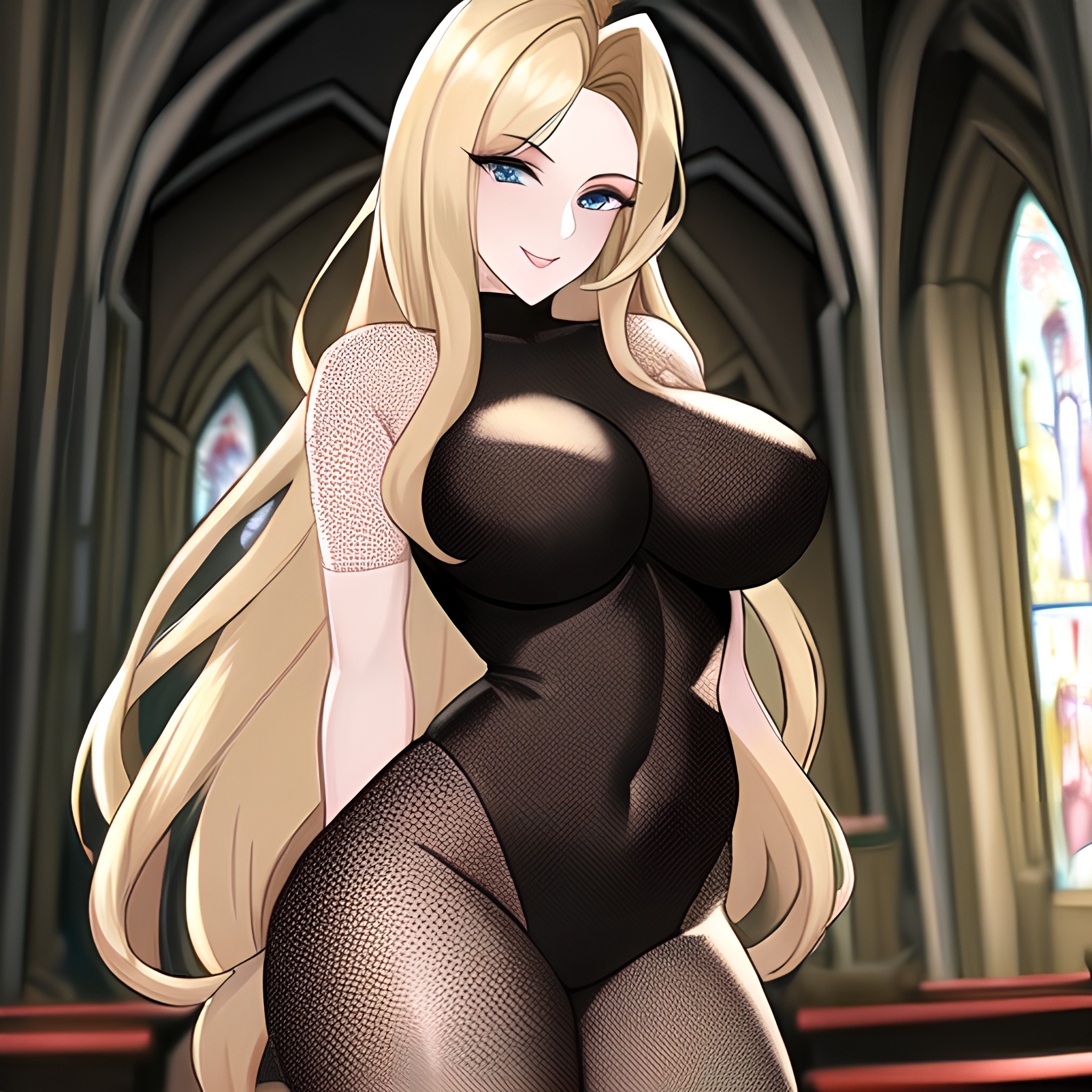 woman blonde long hair church fishnet