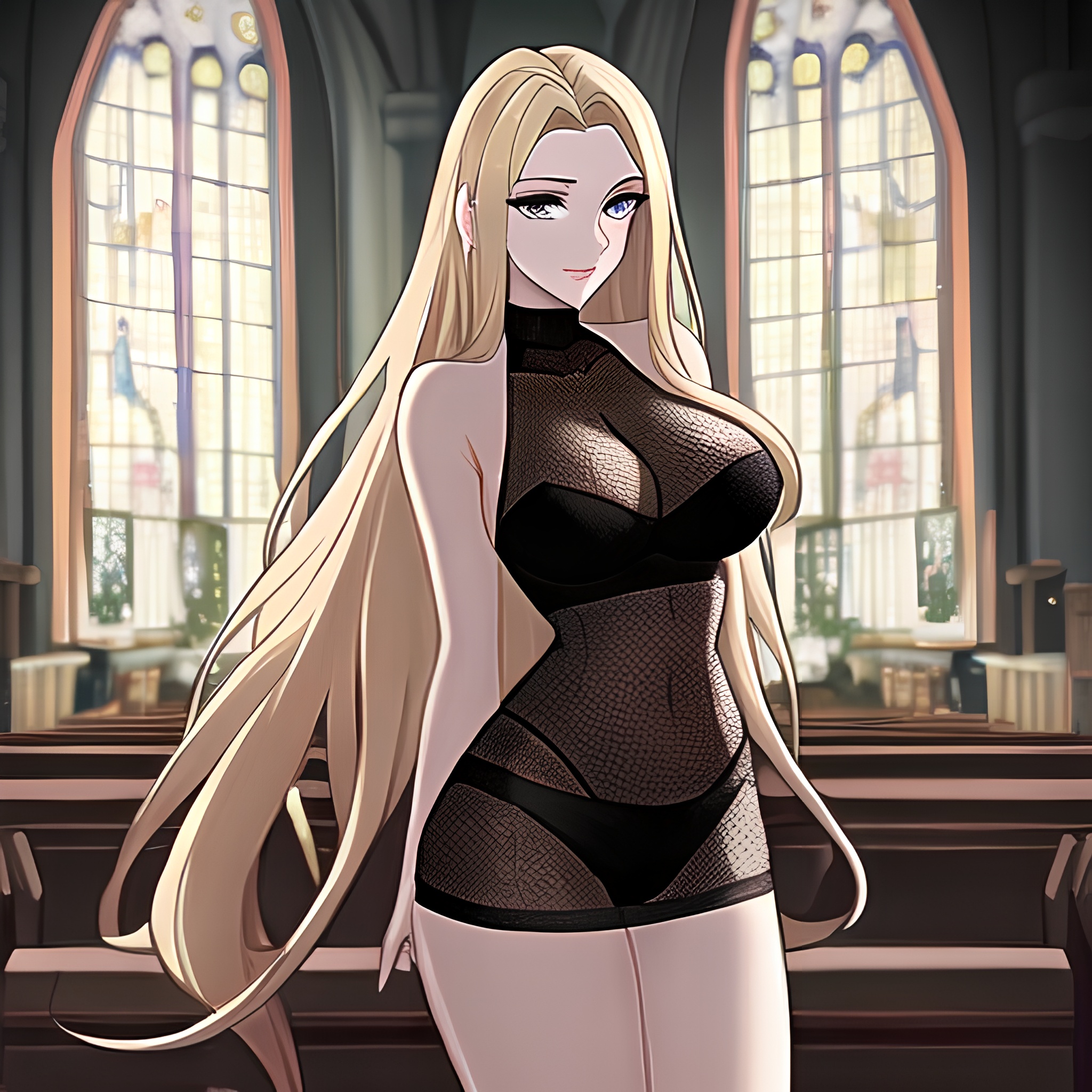 woman blonde long hair fishnet church 