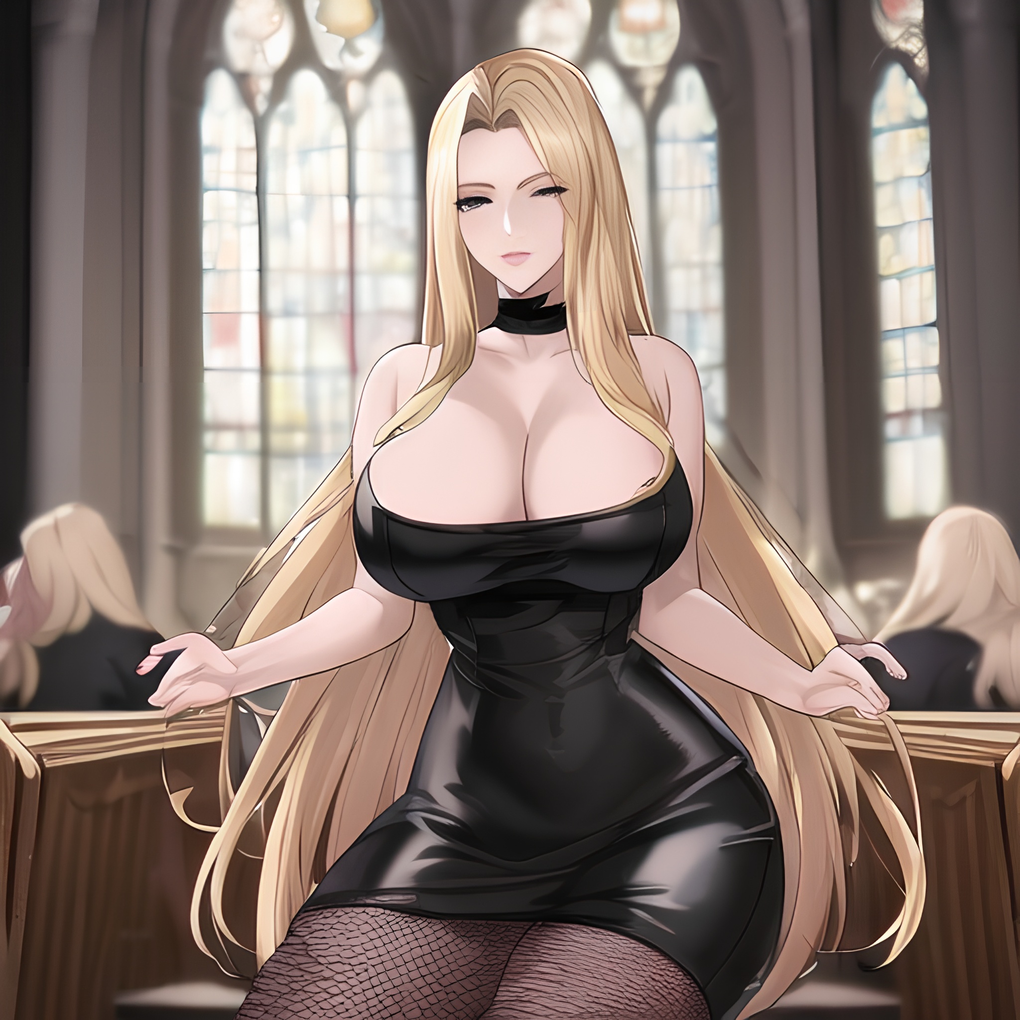 woman blonde long hair fishnet church front view small boobs nude 