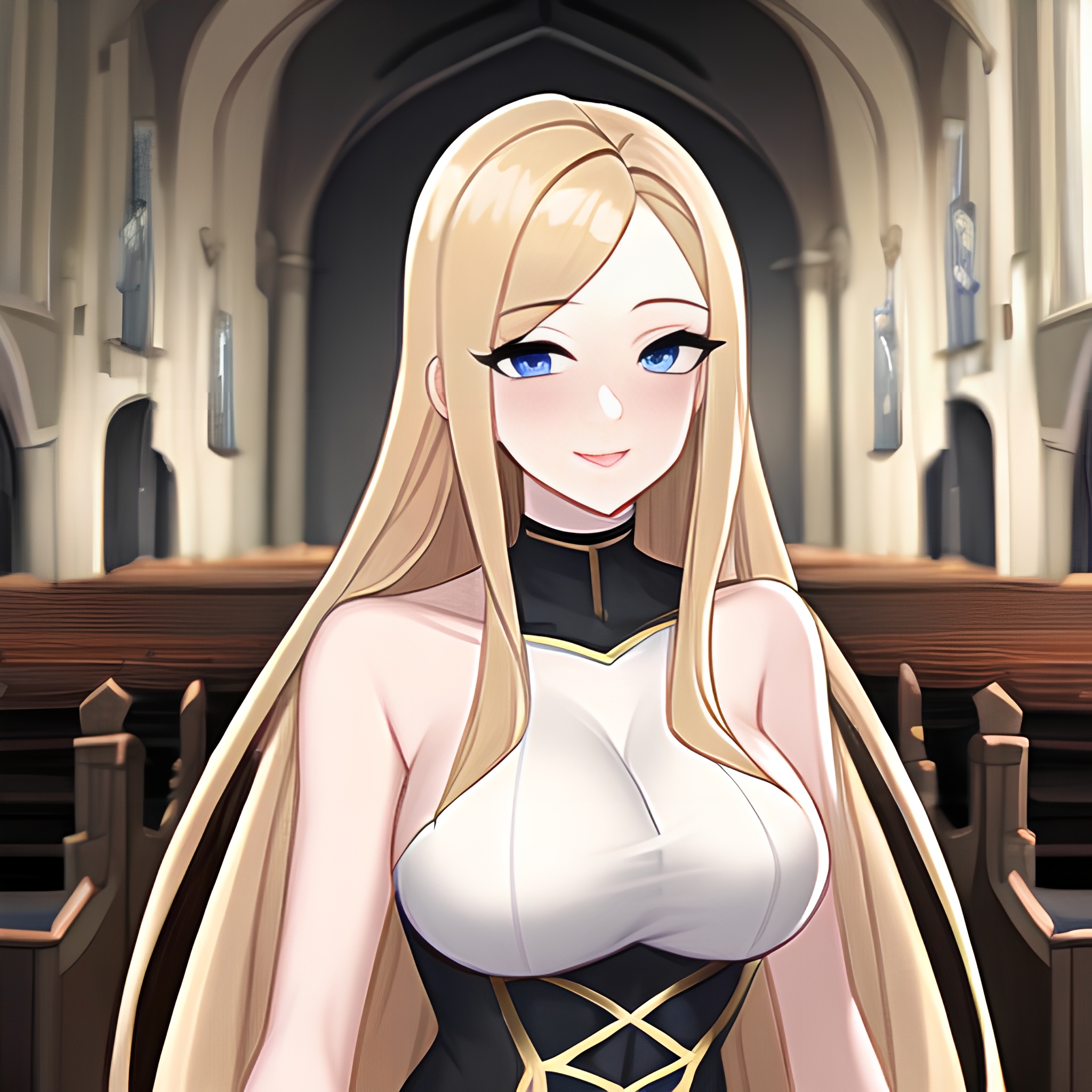 woman blonde long hair fishnet church