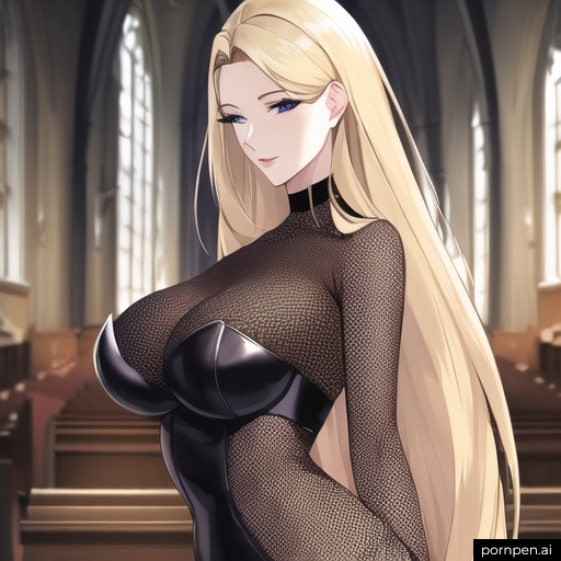 woman blonde nude church small boobs fishnet front view long hair 