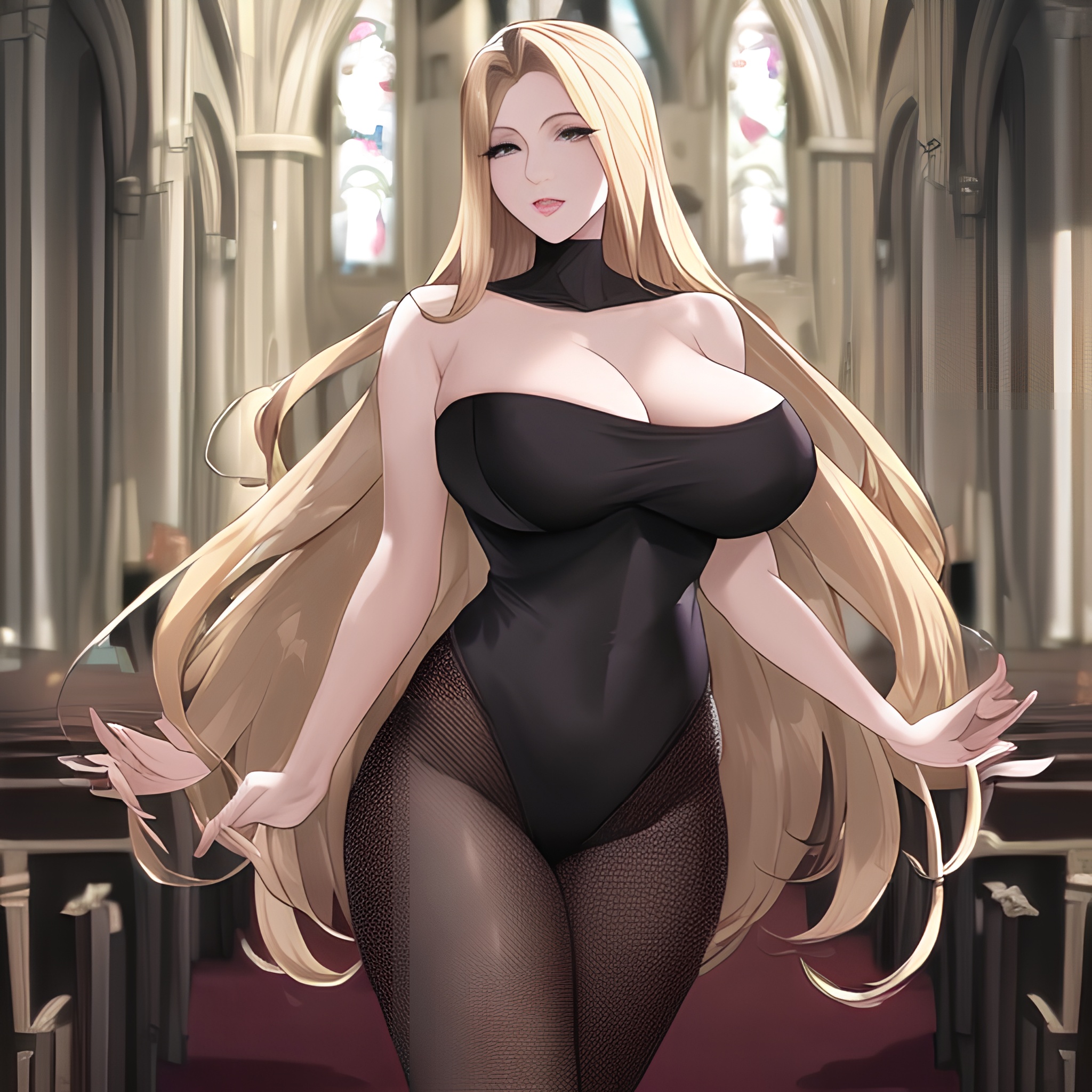woman blonde nude long hair fishnet front view church small boobs
