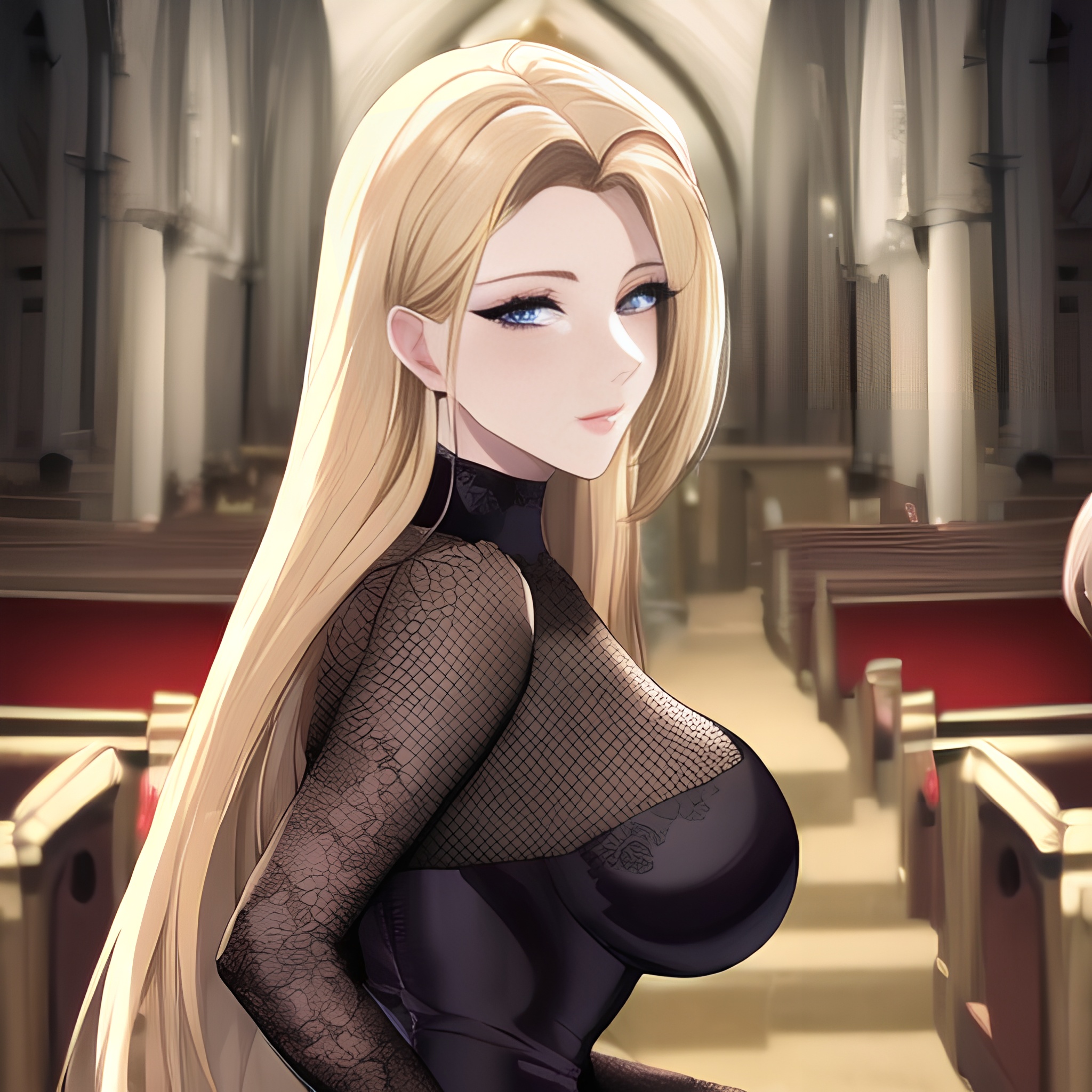 woman blonde nude small boobs long hair fishnet front view church 