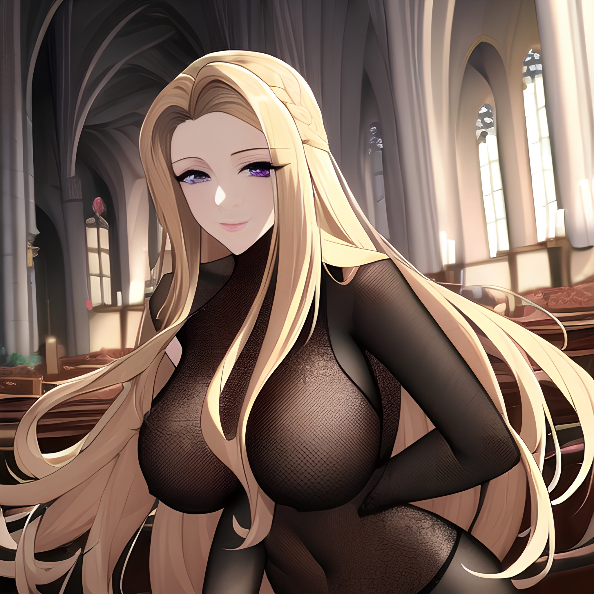 woman blonde small boobs fishnet front view long hair nude church 