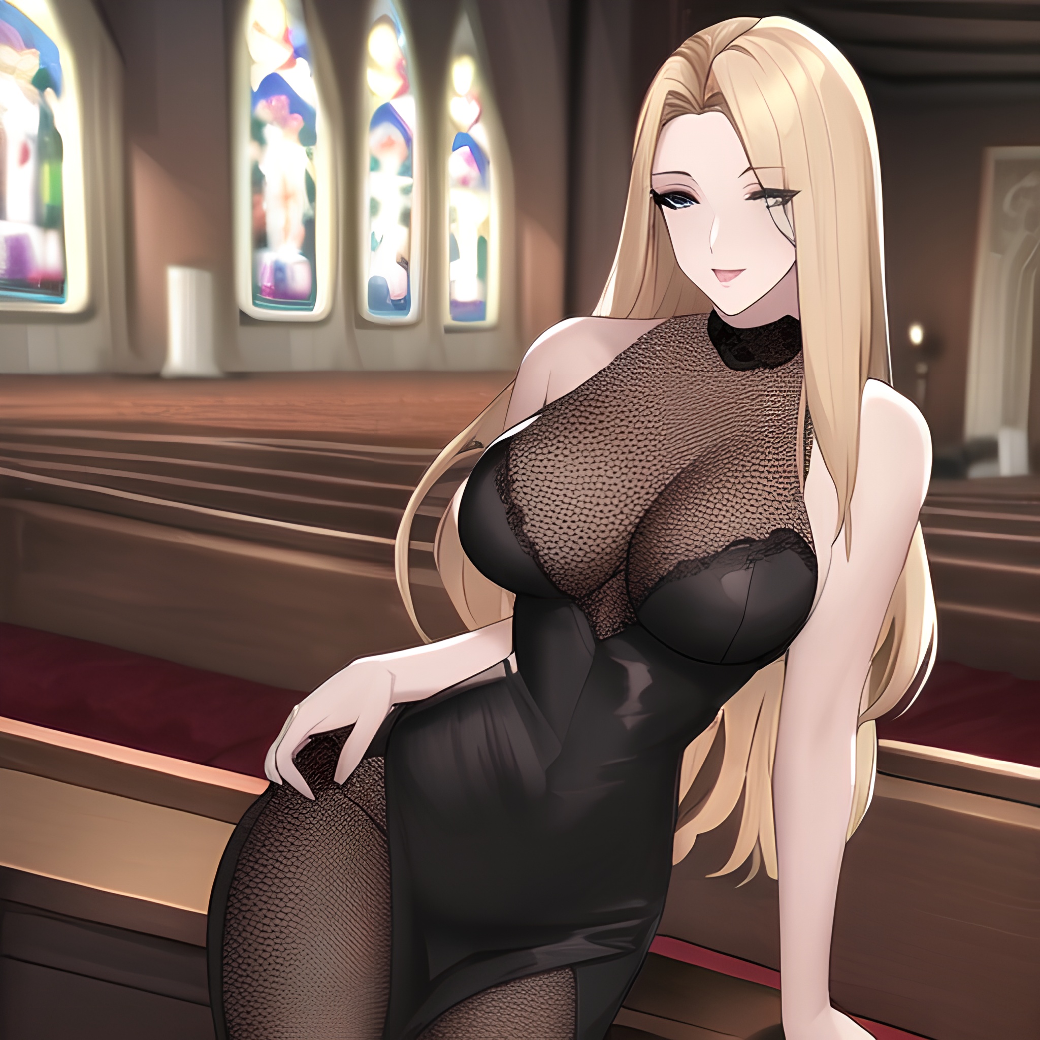 woman blonde small boobs front view nude church fishnet long hair 