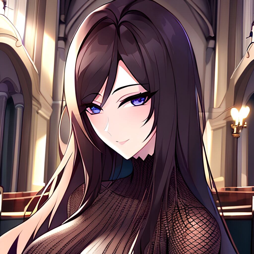 woman brunette church fishnet long hair messy hair 