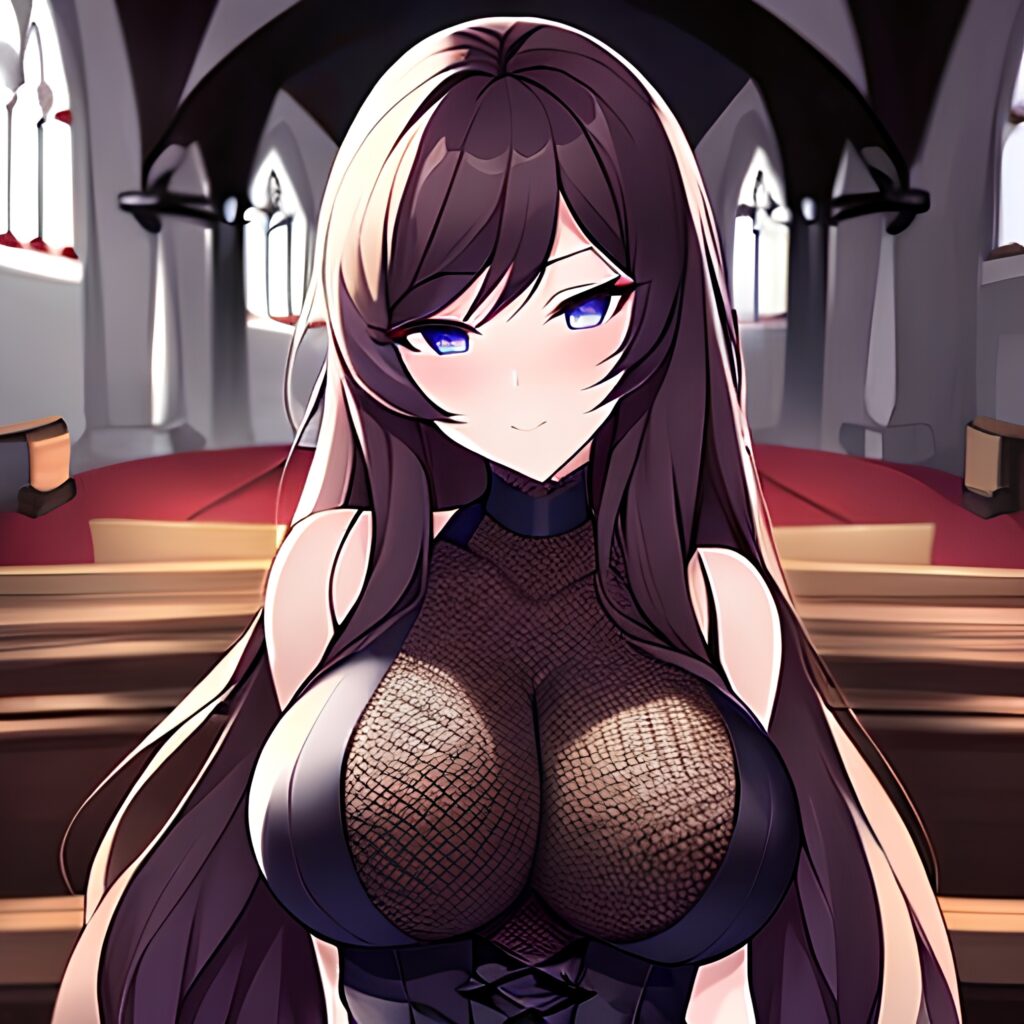 woman brunette church fishnet long hair messy hair 