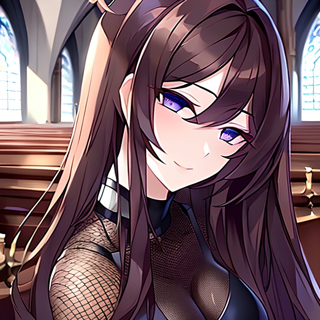 woman brunette church fishnet long hair messy hair 