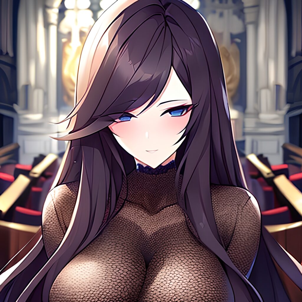 woman brunette church fishnet long hair messy hair 