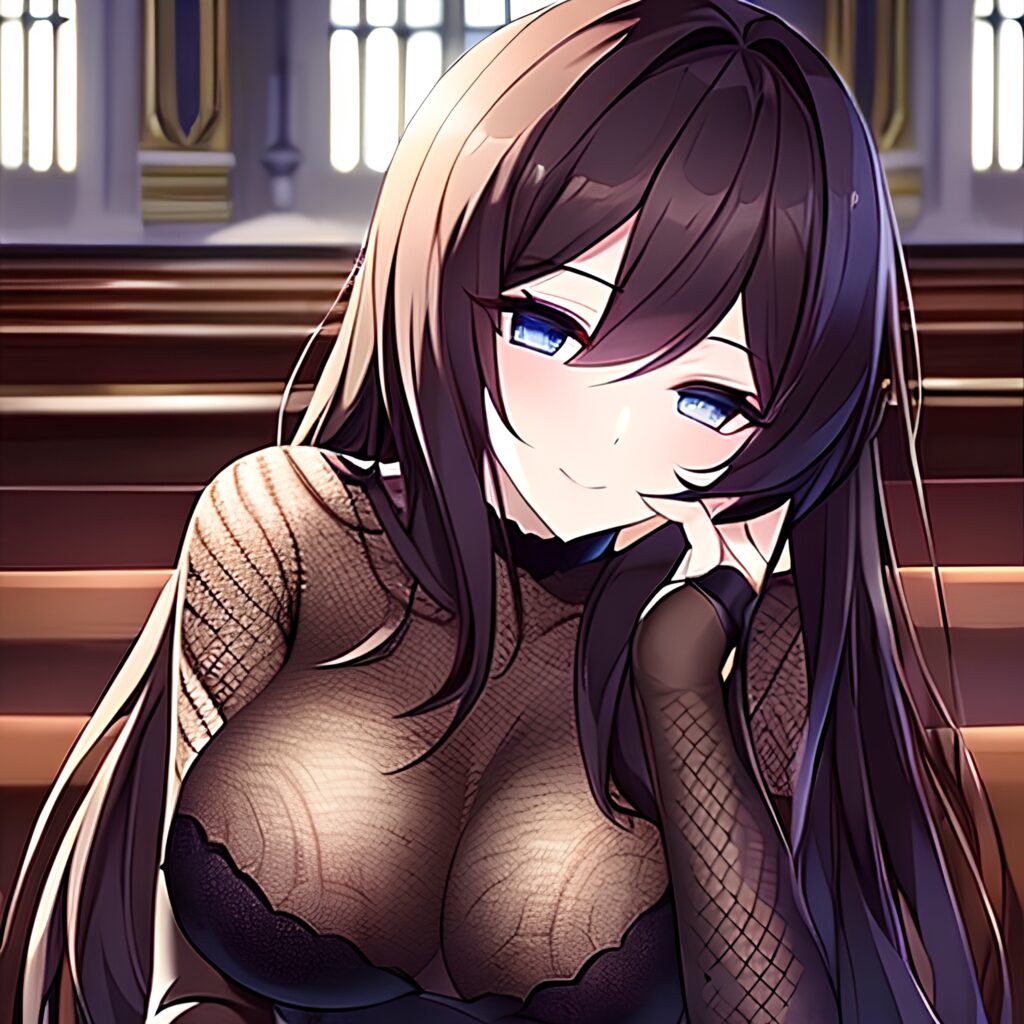 woman brunette church fishnet long hair messy hair 