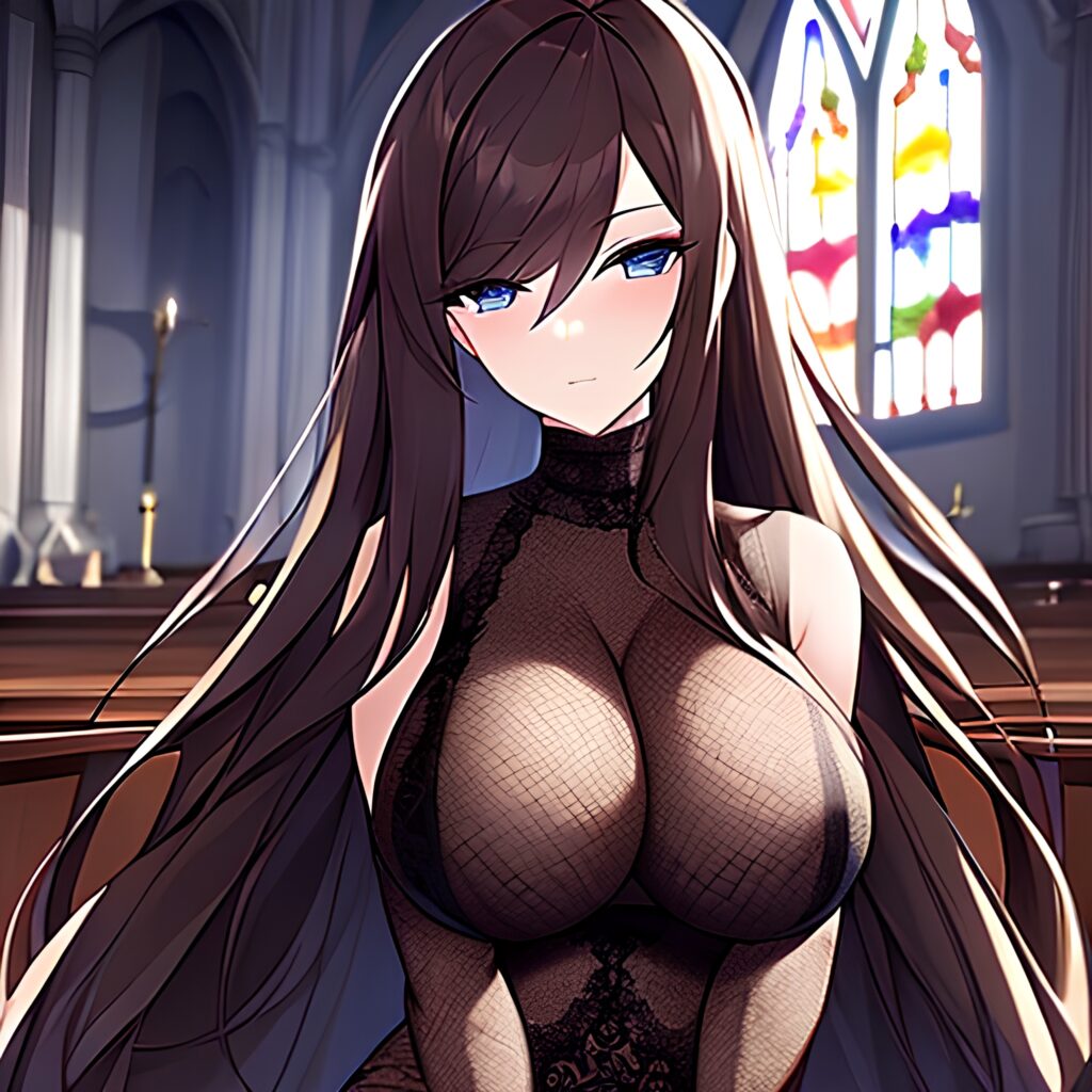 woman brunette church fishnet messy hair long hair 