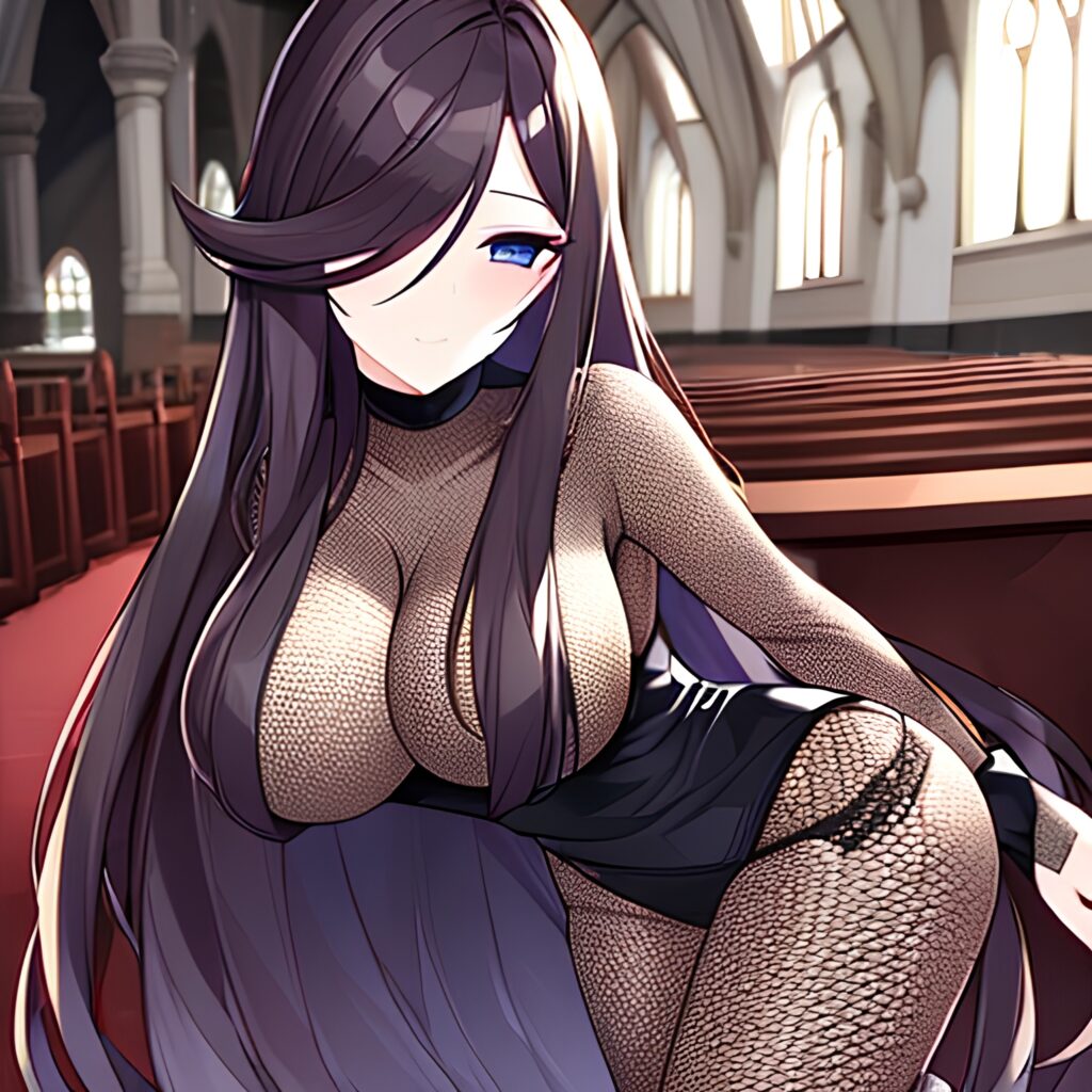 woman brunette church fishnet messy hair long hair 