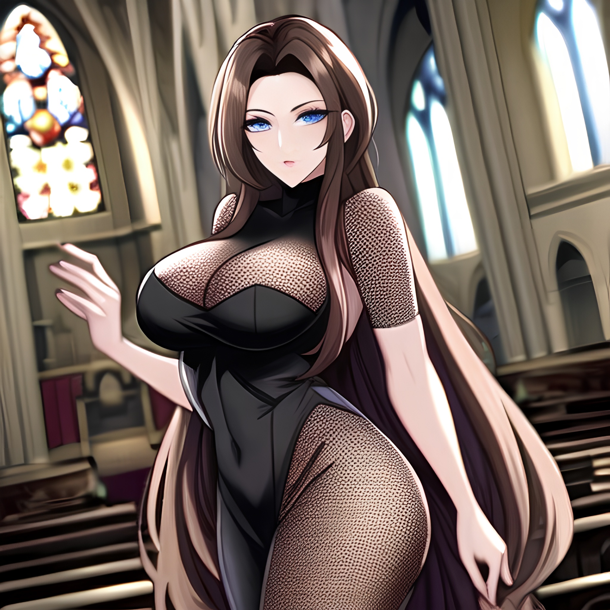 woman brunette church long hair fishnet messy hair 
