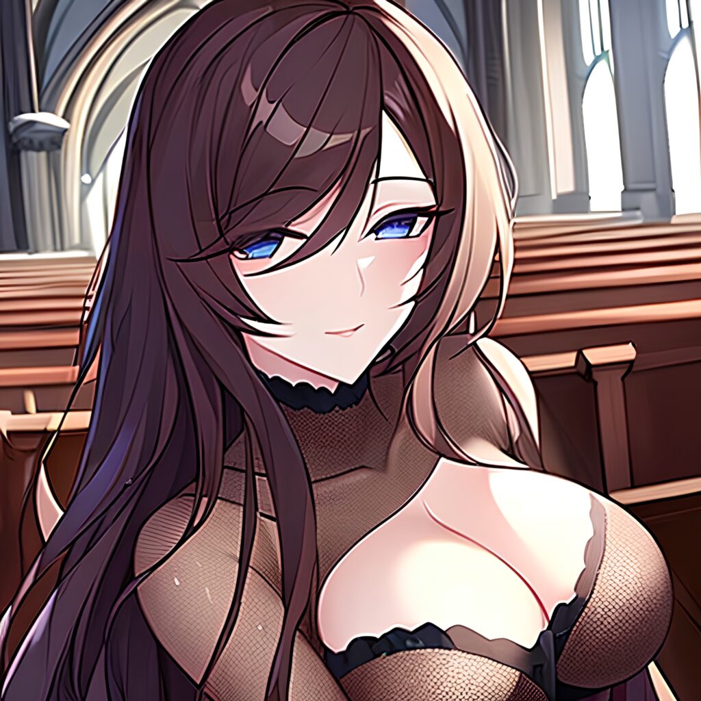 woman brunette church long hair fishnet messy hair 