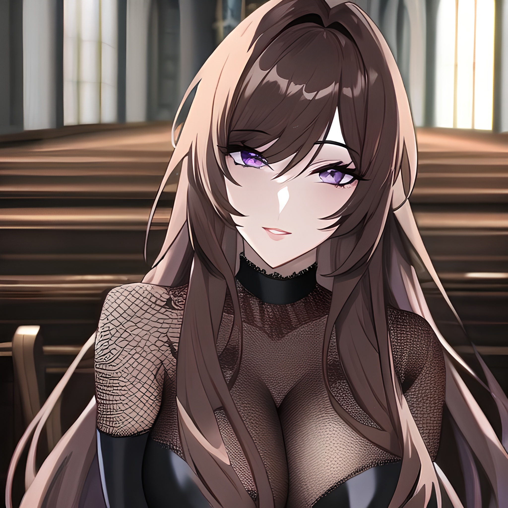 woman brunette church long hair fishnet messy hair 