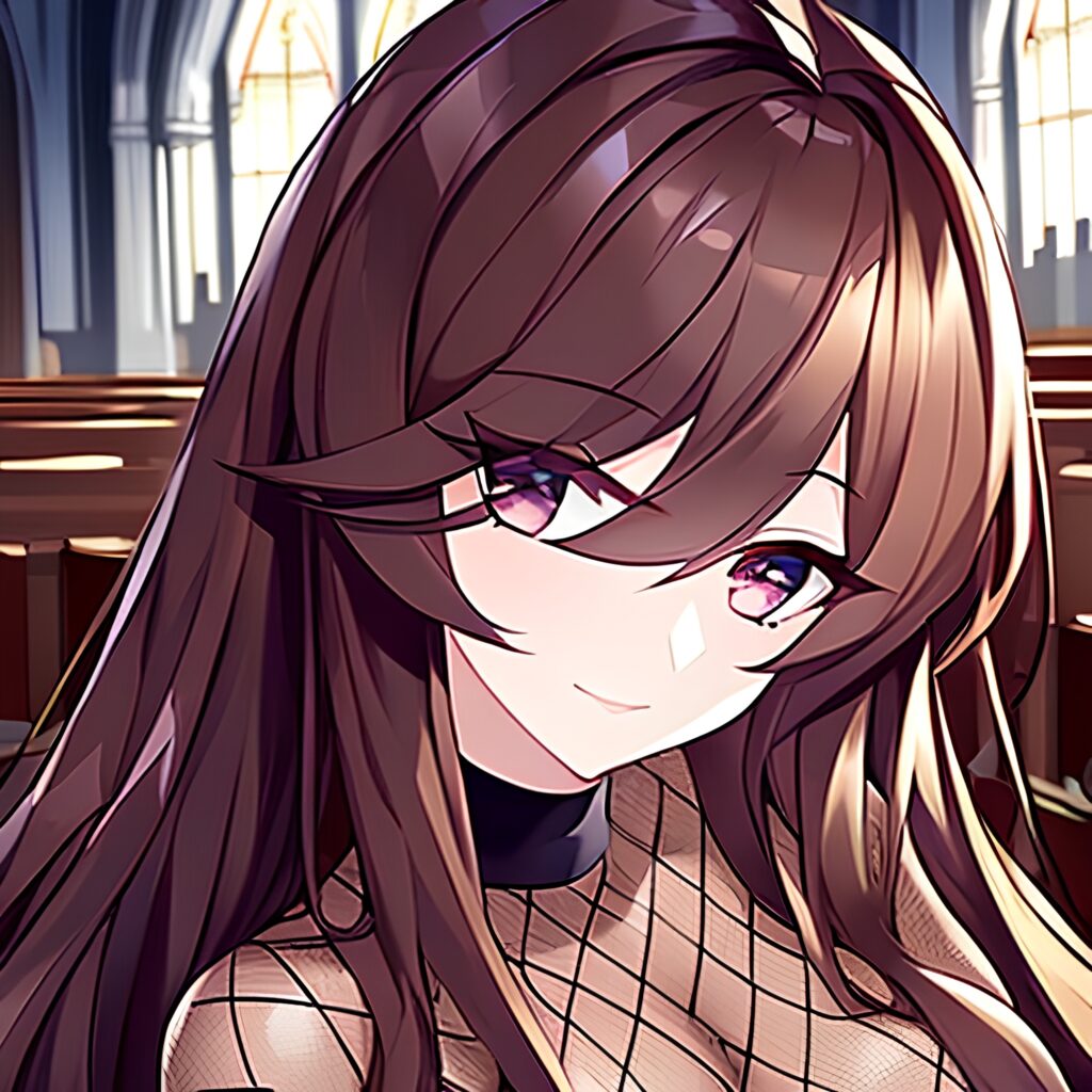 woman brunette church long hair fishnet messy hair 