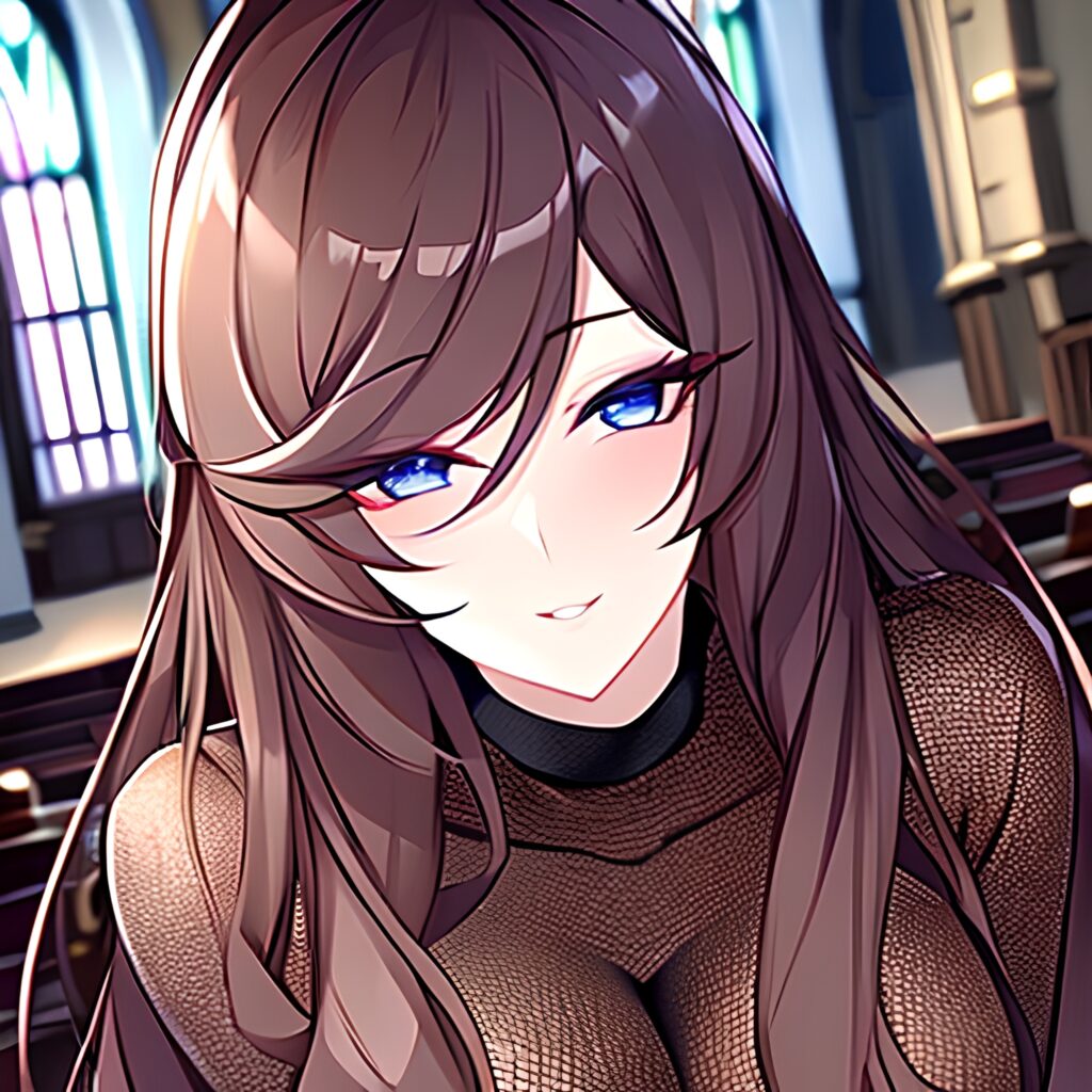 woman brunette church long hair messy hair fishnet 