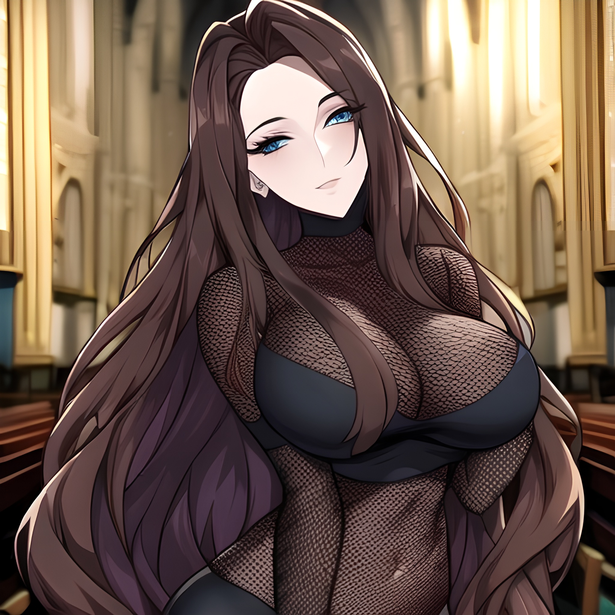 woman brunette church long hair messy hair fishnet 