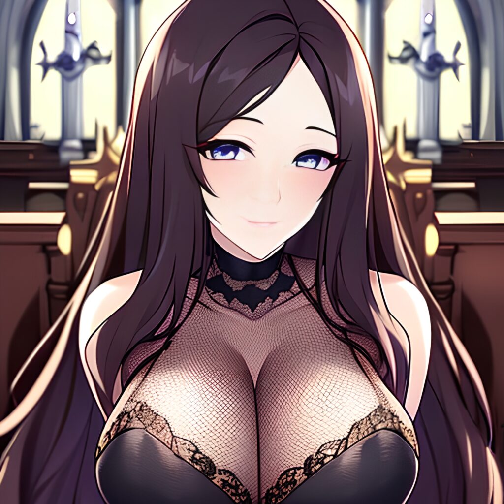 woman brunette church messy hair fishnet long hair 