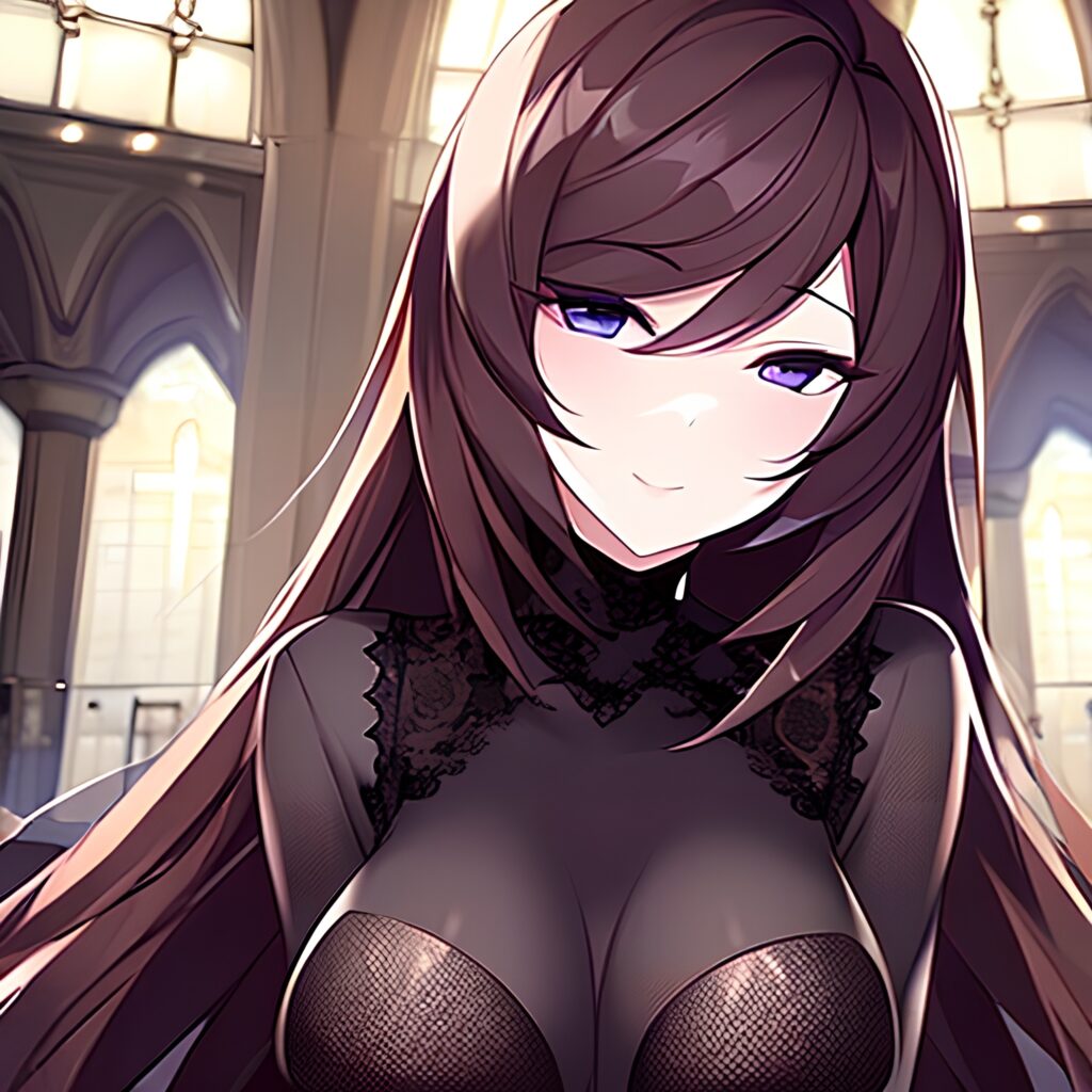 woman brunette church messy hair fishnet long hair 