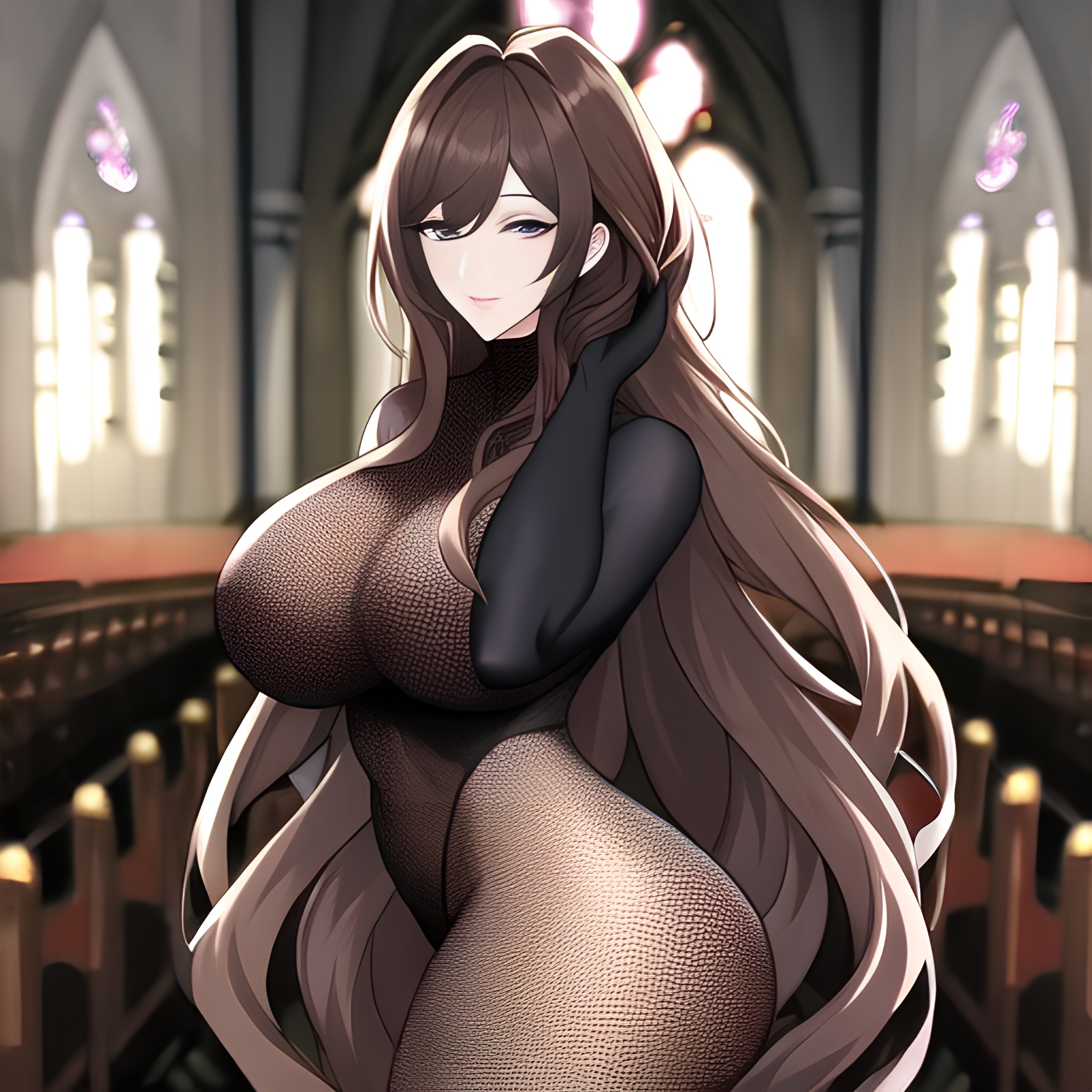 woman brunette church messy hair fishnet long hair 