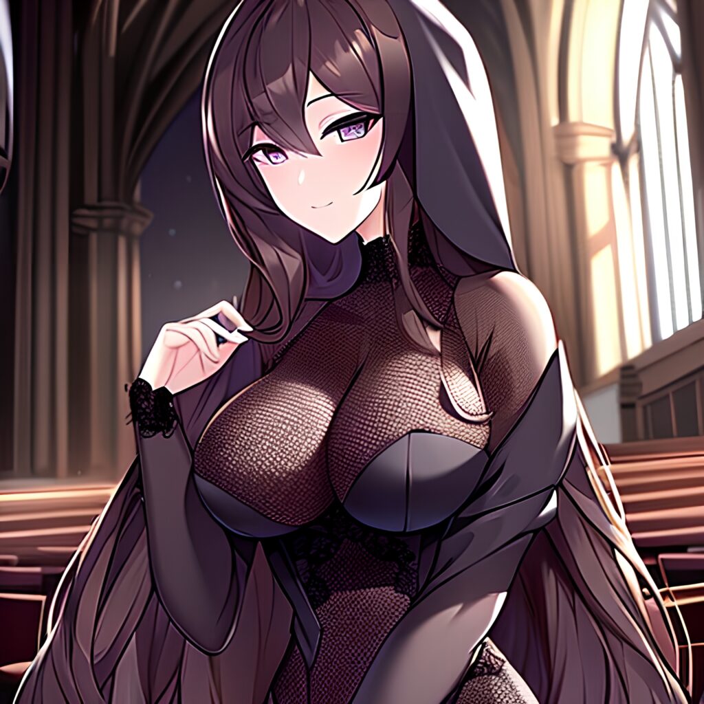 woman brunette church messy hair fishnet long hair 